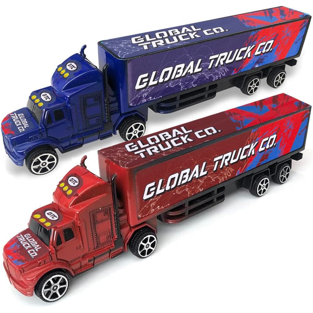 ArtCreativity Pullback Semi Truck Toys, Set of 2, Pull Back Truck Toys for Kids in Red and Blue, Trailer Trucks for Hours of Pretend Play, Unique Car Party Decorations and Boys’ Room Decor