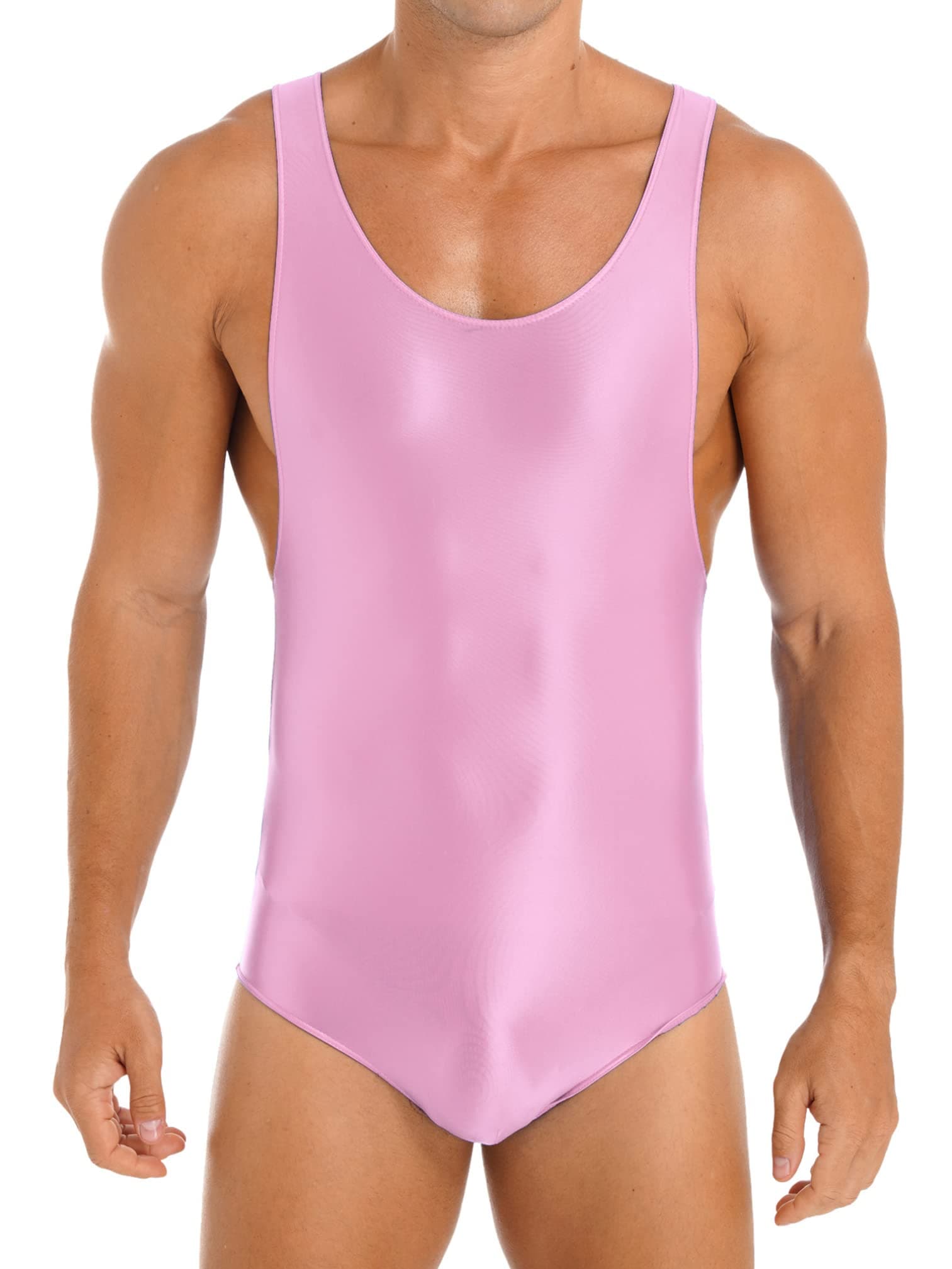 Agoky Men's U Neck Sleeveless Leotard Vest Shirt Oil Bodysuit Sports Wrestling Singlet Jumpsuits Pink Medium
