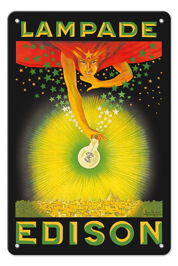 Pacifica Island Art Edison Lamps (Lampade) Light Bulbs - Vintage Italian Advertising Poster c.1924-8 x 12 inch Vintage Metal Tin Sign