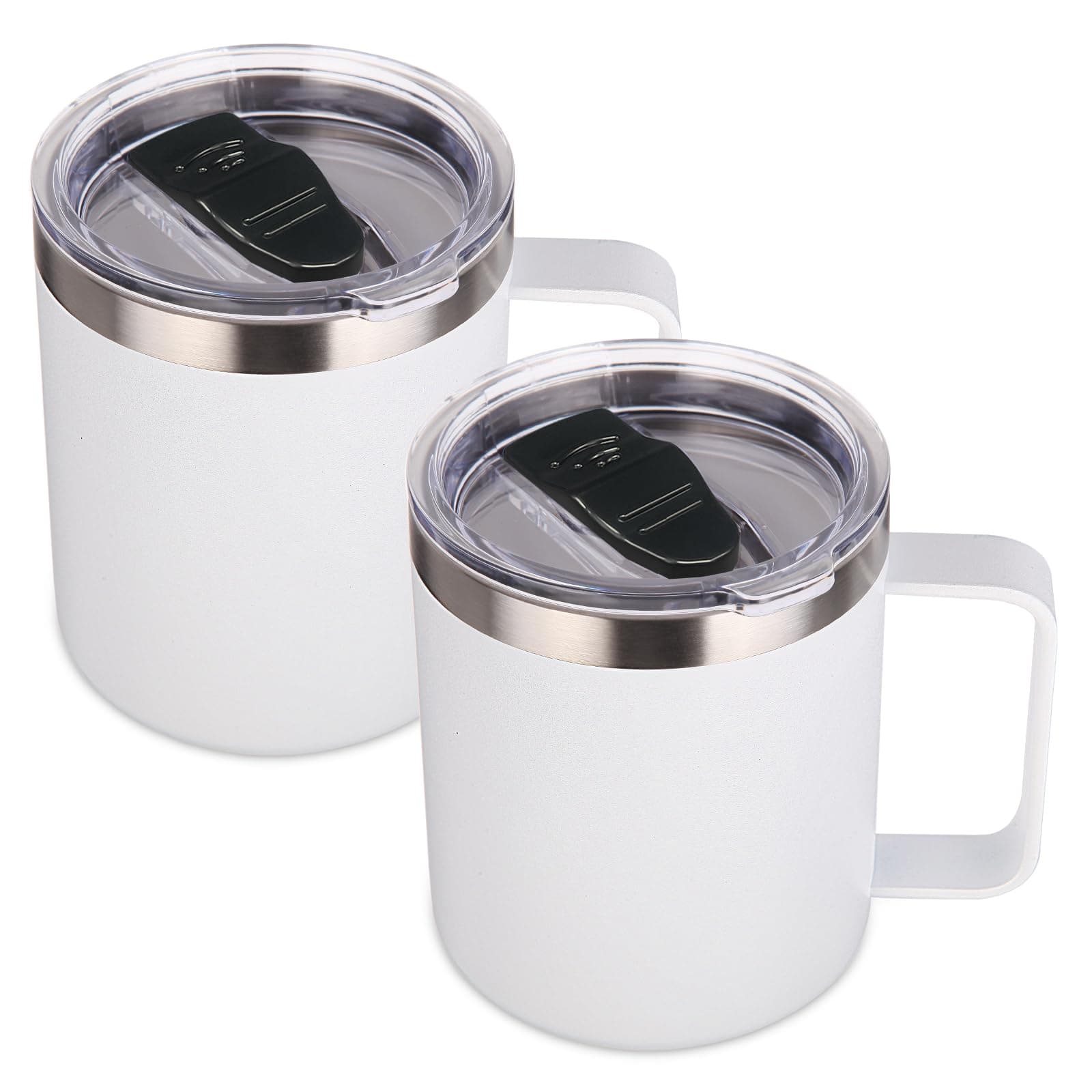 Volhoply 14oz Insulated Stainless Steel Coffee Mug with Lid Bulk 2 Pack,Double Wall Vacuum Travel Coffee Cup with Handle,Reusable Metal Cups Tumbler,Camping Mugs Keep Hot/Cold(White,2)