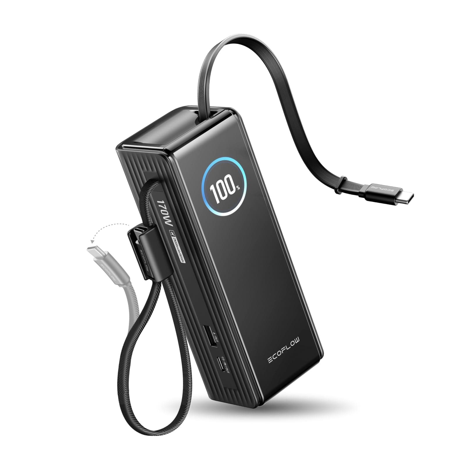 EF ECOFLOW Rapid 25000mAh Power Bank, 170W Portable Charger with Retractable USB-C Cable, 100W Fast Charging Laptop Power Bank, Compatible with iPhone 17/16/15, Samsung, USB-C Devices, Black