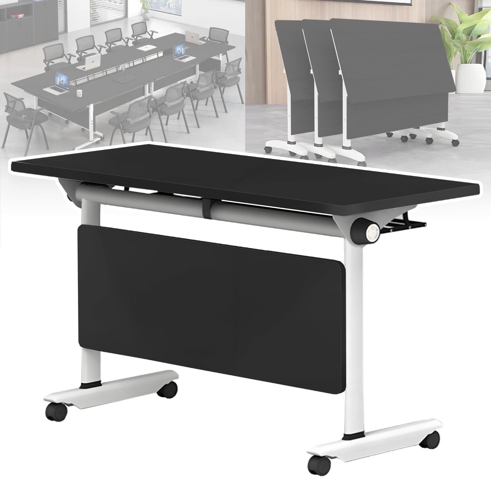 Folding Conference Table with Flip-Top Design, Locking Wheels & Sturdy Metal Frame, Modular Training Desk for Office, Meeting Room, Classroom & Home Workspace