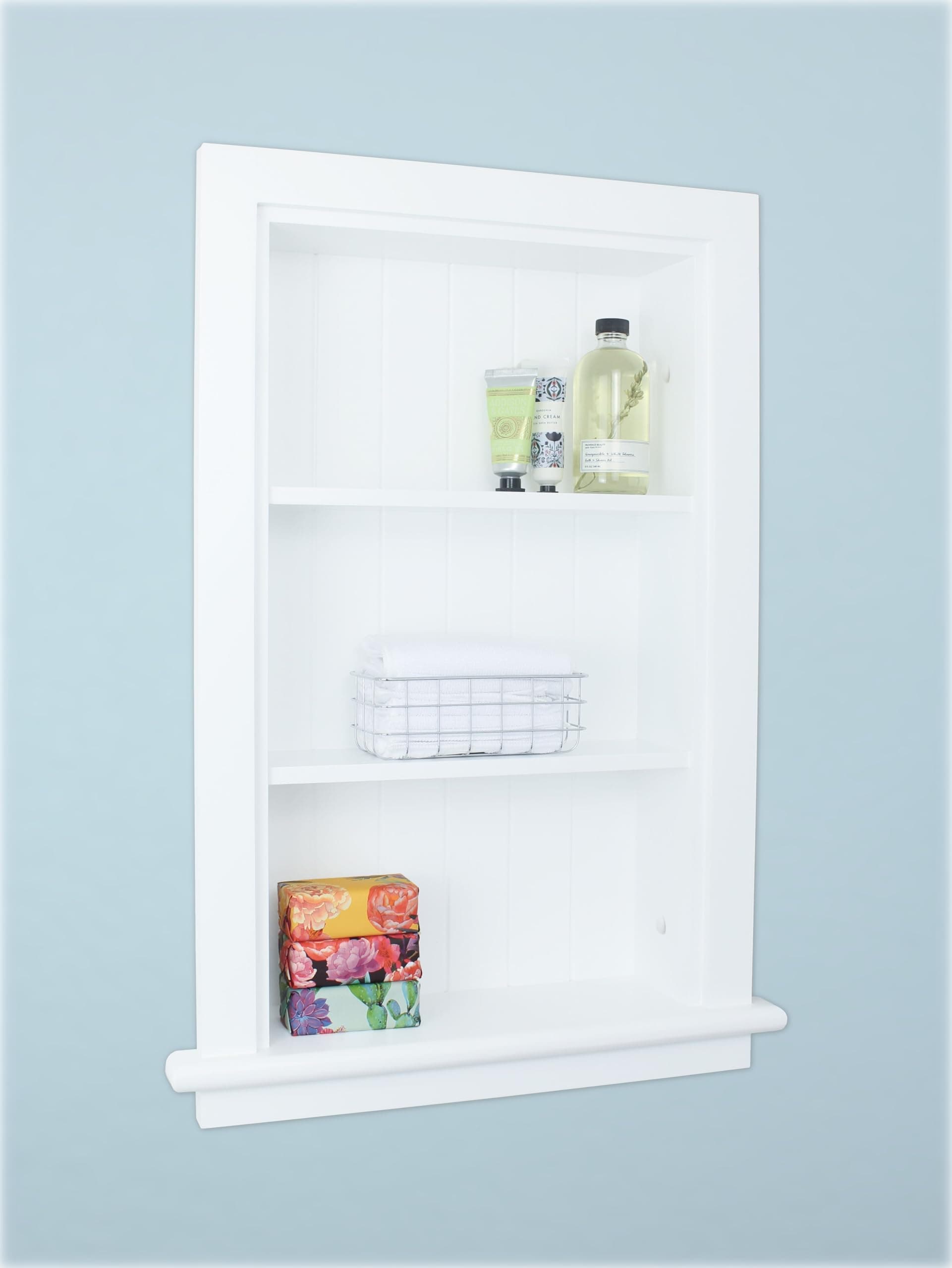 14x24 Recessed Wood Bathroom Niche Medicine Cabinet Replacement w/ Ledge, Wall Niche Medicine Cabinet Replacement, In The Wall Between Studs Bathroom Cabinet Insert Shelf/Shelves, Beadboard, White
