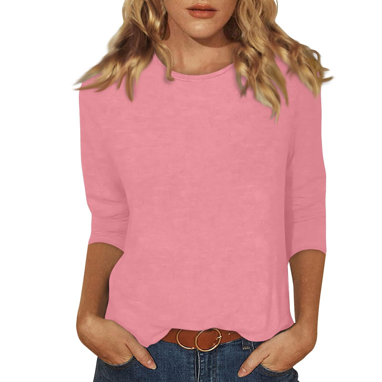 Ladies Tops and Blouses 3/4 Sleeve T-Shirts for Women Three Quarter Length Sleeve Tops Women Tunic Tops Womens 3/4 Length Sleeve Tee Shirts Womens Plus Blouse Pink 3X