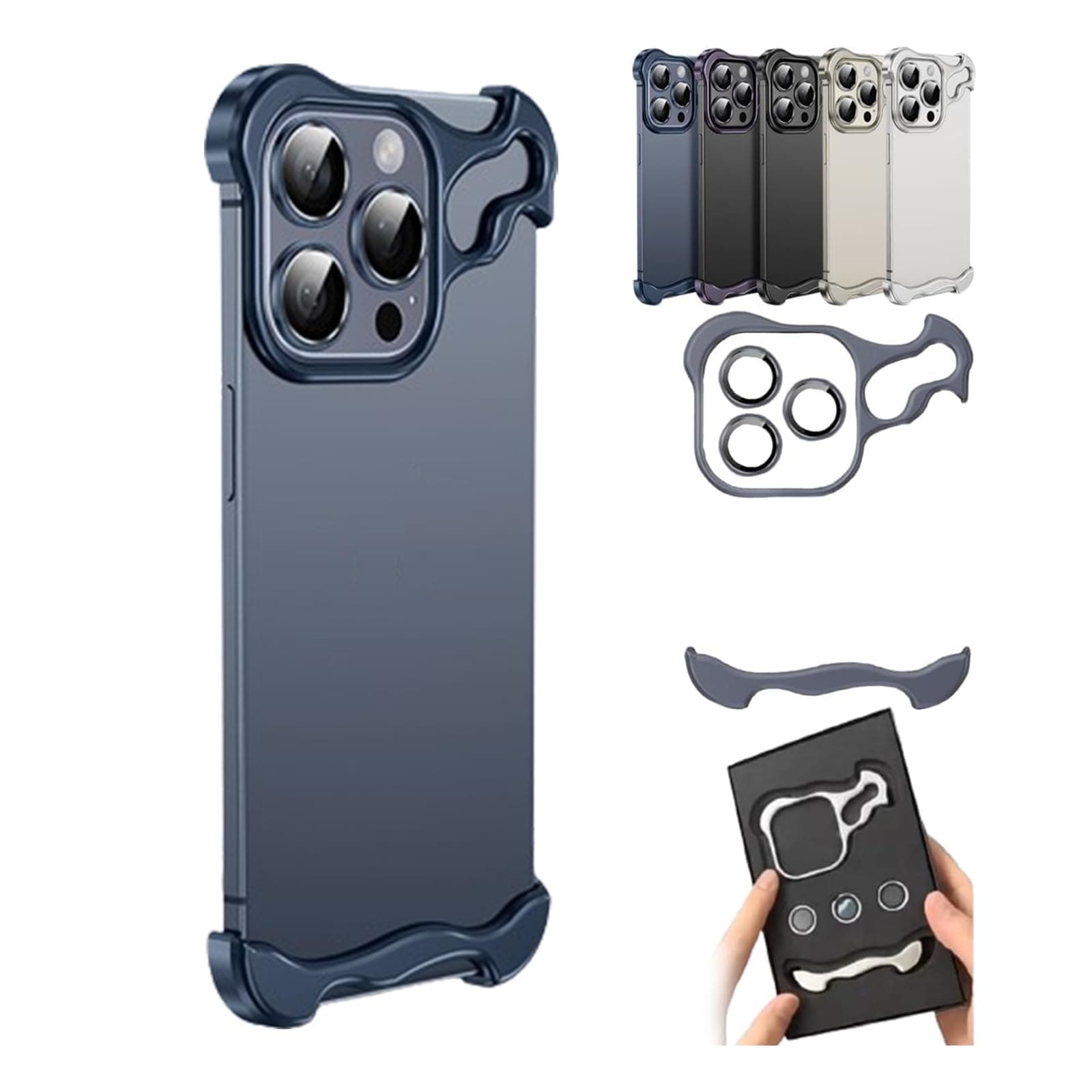BEABAG Special-Shaped Metal Corner Pad Anti-Fall Phone Case Suitable for iPhone 15 14 13 Pro Max, Lens Film Naked Frameless Slim Thin Bare Metal Feel (Blue,13Pro)