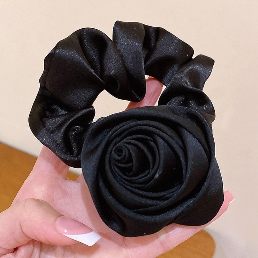 Handmade Rose Flower Elastics Hair Scrunchies, Ties Silk Satin Scrunchies Hair Band Ponytail Holder Band Scrunchies Ring for Women Girls Scrunchies for Women,Hair Elastics and Ties (Black)