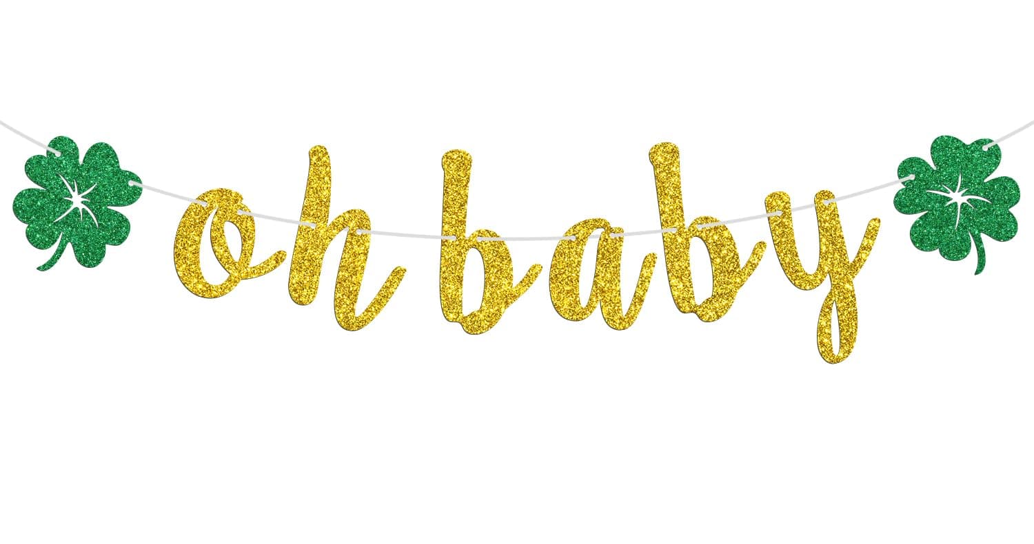 Ferburitar Lucky Oh Baby Banner, St. Patrick's Day Welcome Baby Garlands, Gold and Green Glitter