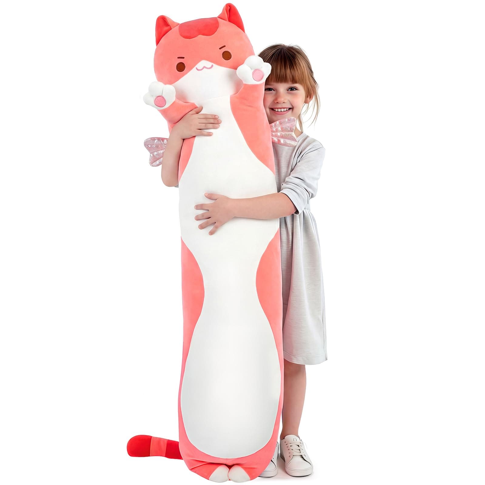 Mewaii Kids Body Pillow Pink Long Cat Plush 53 in, Extra Filling Soft Cute