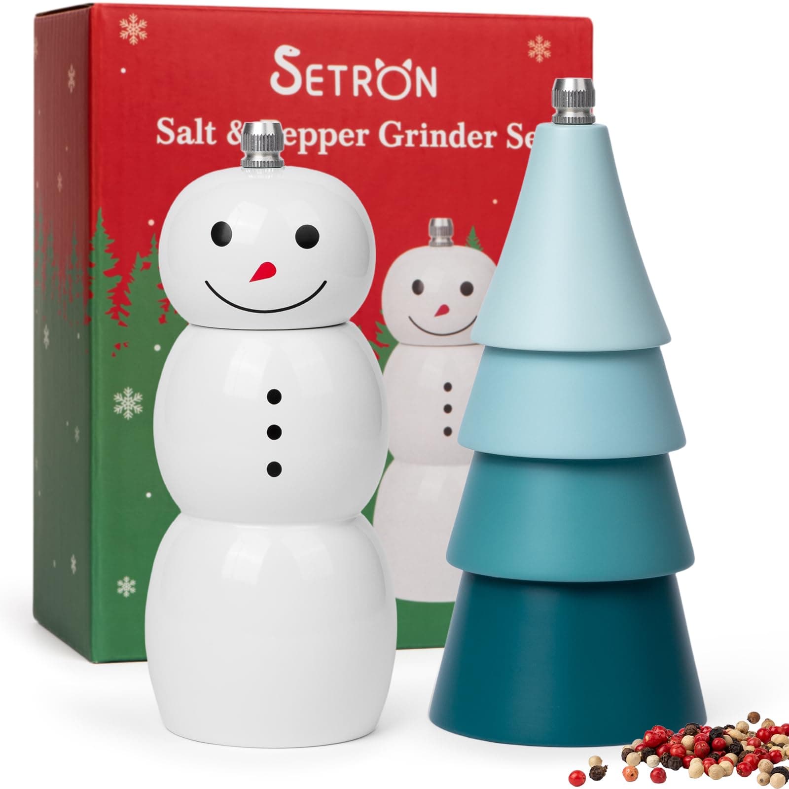 Christmas Salt and Pepper Grinder Set Snowman Tree Refillable Salt and Pepper Mills with Adjustable Ceramic Core, Wooden Manual Salt and Pepper Shakers for Kitchen,Gift, Christmas Decor