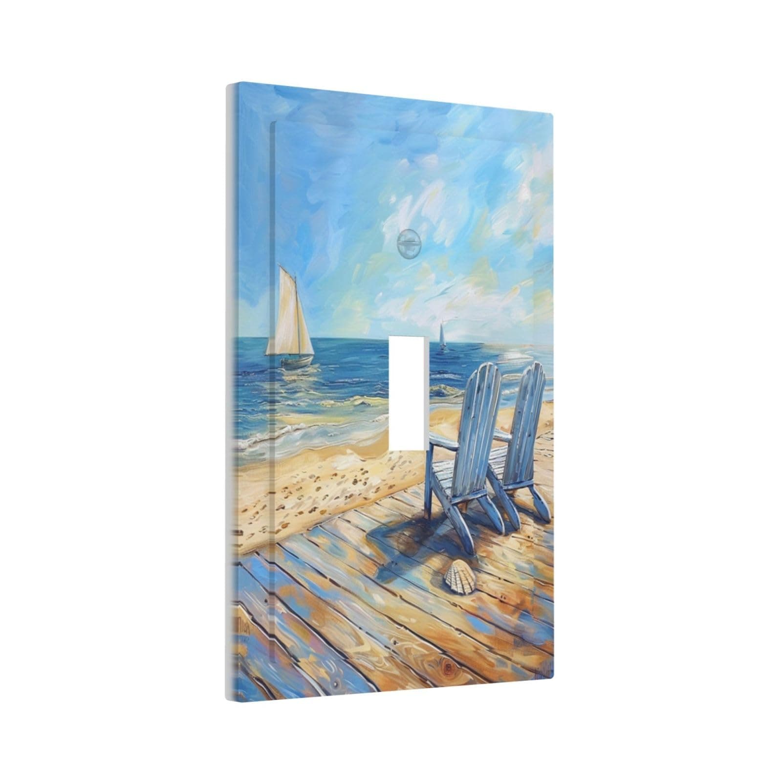 Xuejiaku Decorative Light Switch Cover Sea Beach Chair Oil Painting Ocean Sailboat 1 Gang Wall Plates Single Toggle Outlet Covers Decora Switch Plate Electrical Faceplate for Bathroom Home Decor