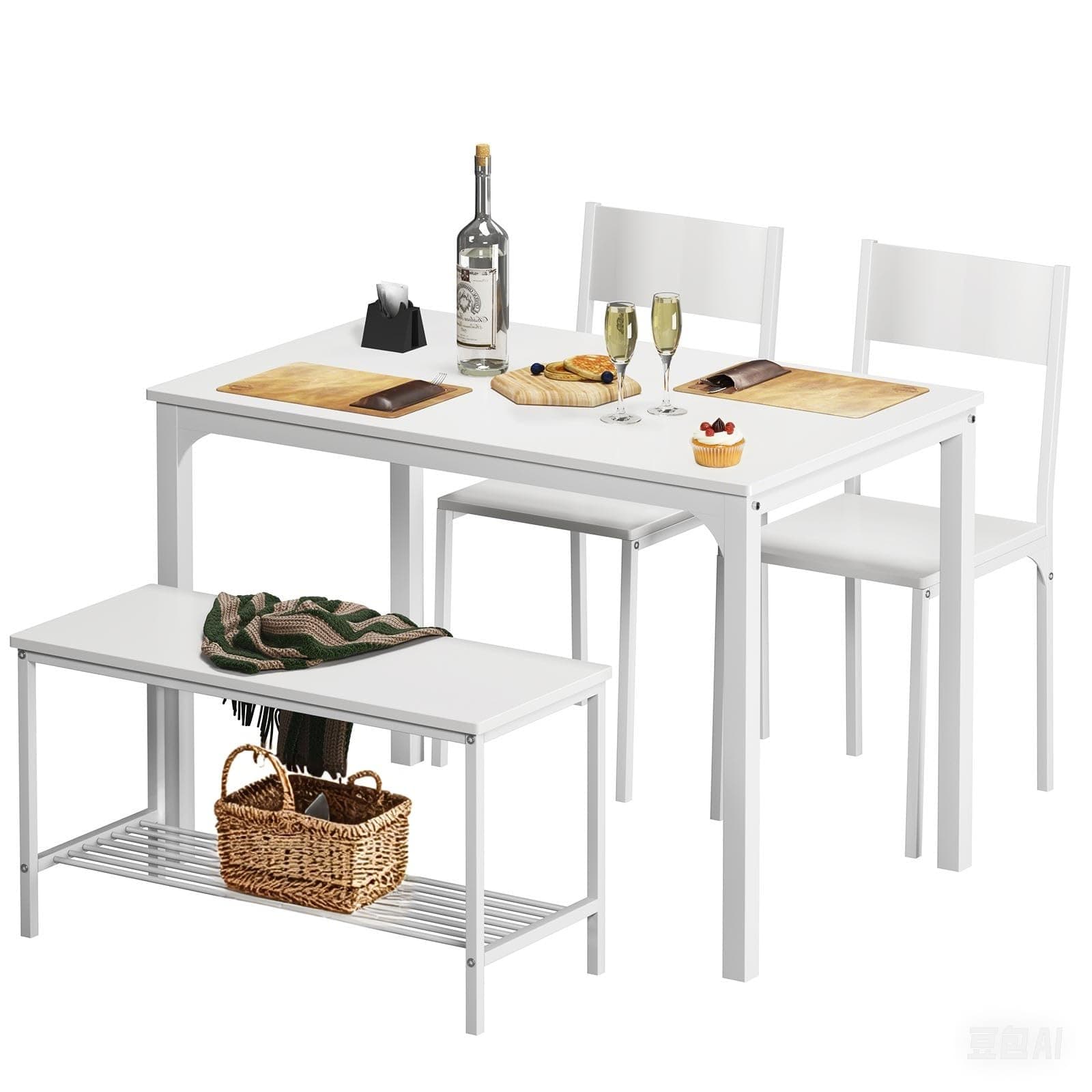 soges 4-Piece Dining Table Set with Bench - 4 Person Kitchen Table and 2 Chairs for Small Spaces, Apartment - Metal Frame & Woodgrain Tabletop, Space-Saving Design, Durable & Easy to Clean, White