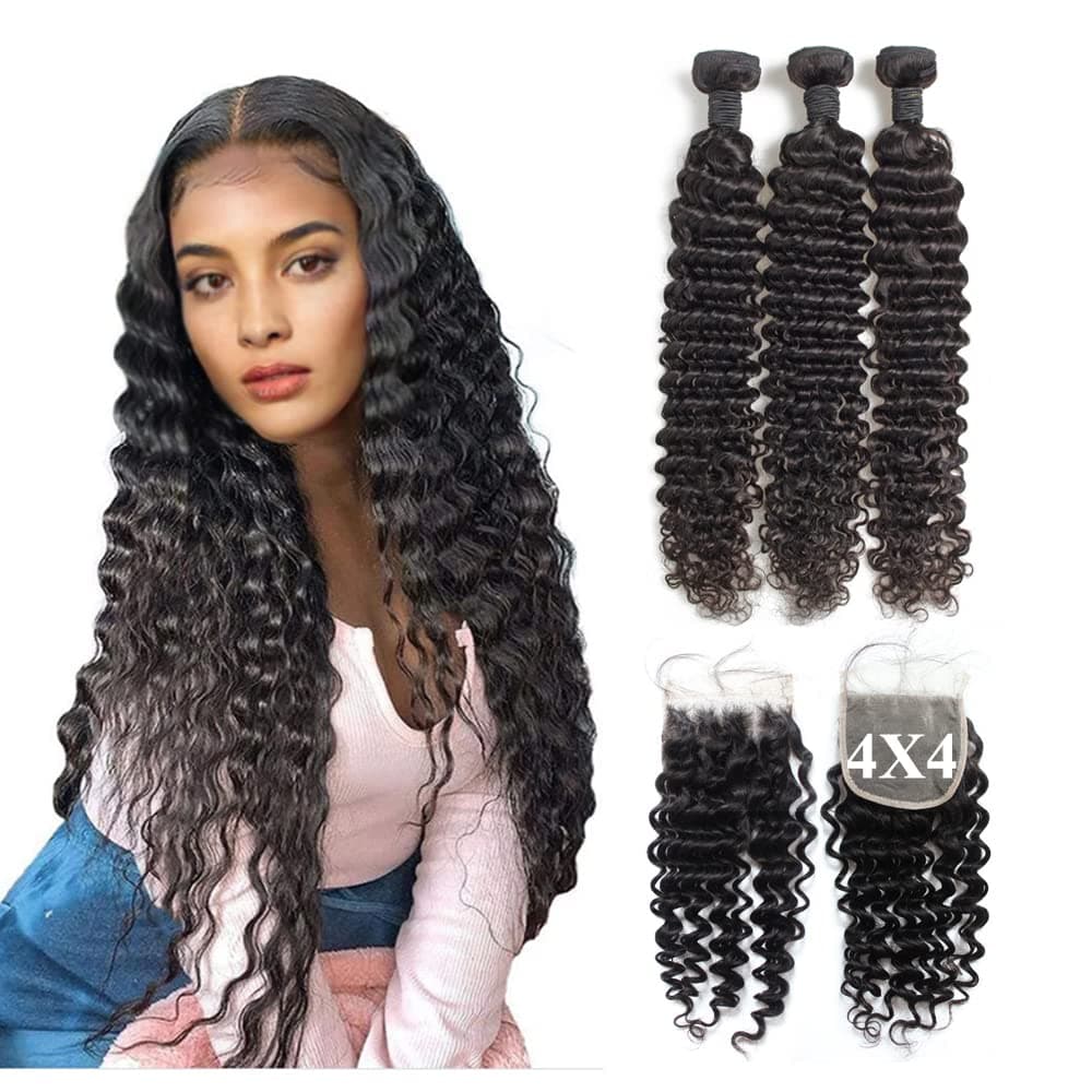 Forawme Virgin Brazilian Deep Curly Hair 5pcs Lot 16 18 20 22 With 14 Inch Free Part Lace Closure With Bundles Unprocessed Human Hair Weave
