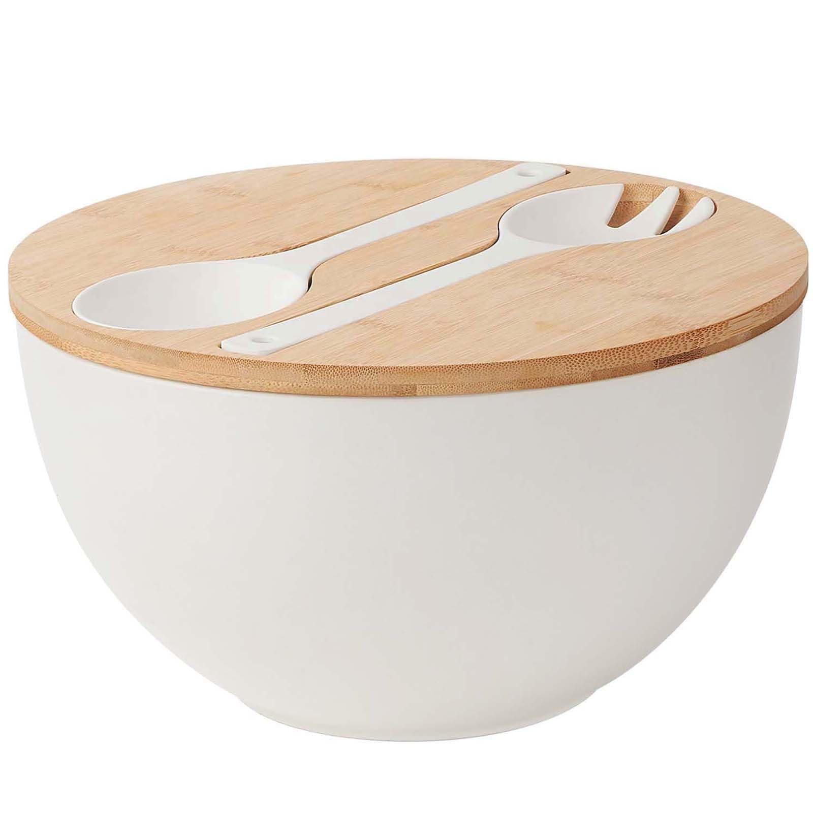 ECOHAGOU Large Bamboo Lid Salad Bowl with Serving Utensils, 12.5 inch, White