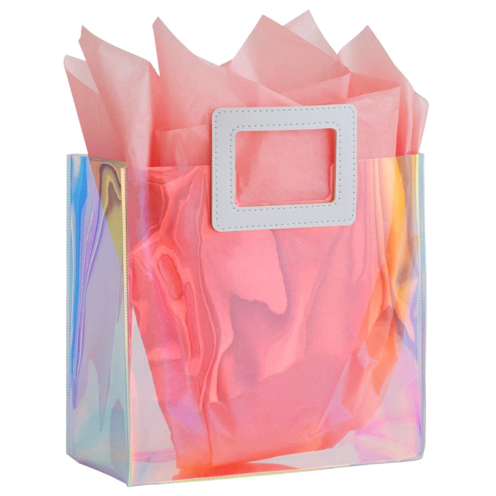 VUOJUR Holographic Gift Bag with Tissue Paper Reusable Birthday Gift Bag for Women Girls Iridescent Bachelorette Wedding Bridal Bridesmaid Tote Gift Bag (Pack of 1, L - Coral)