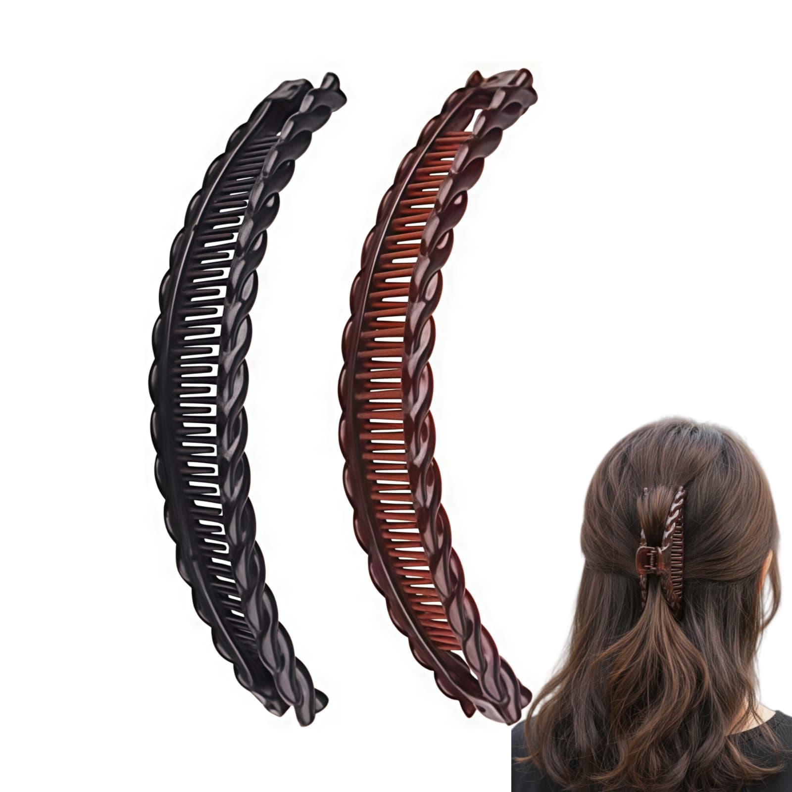 2Pcs Banana Hair Clips for Thick Curly Hair - Black and Brown Tortoise Clips, Vintage Clincher Combs for Women, Girls - Non-Slip Fish Grip Slides, 80s Retro Hair Accessories