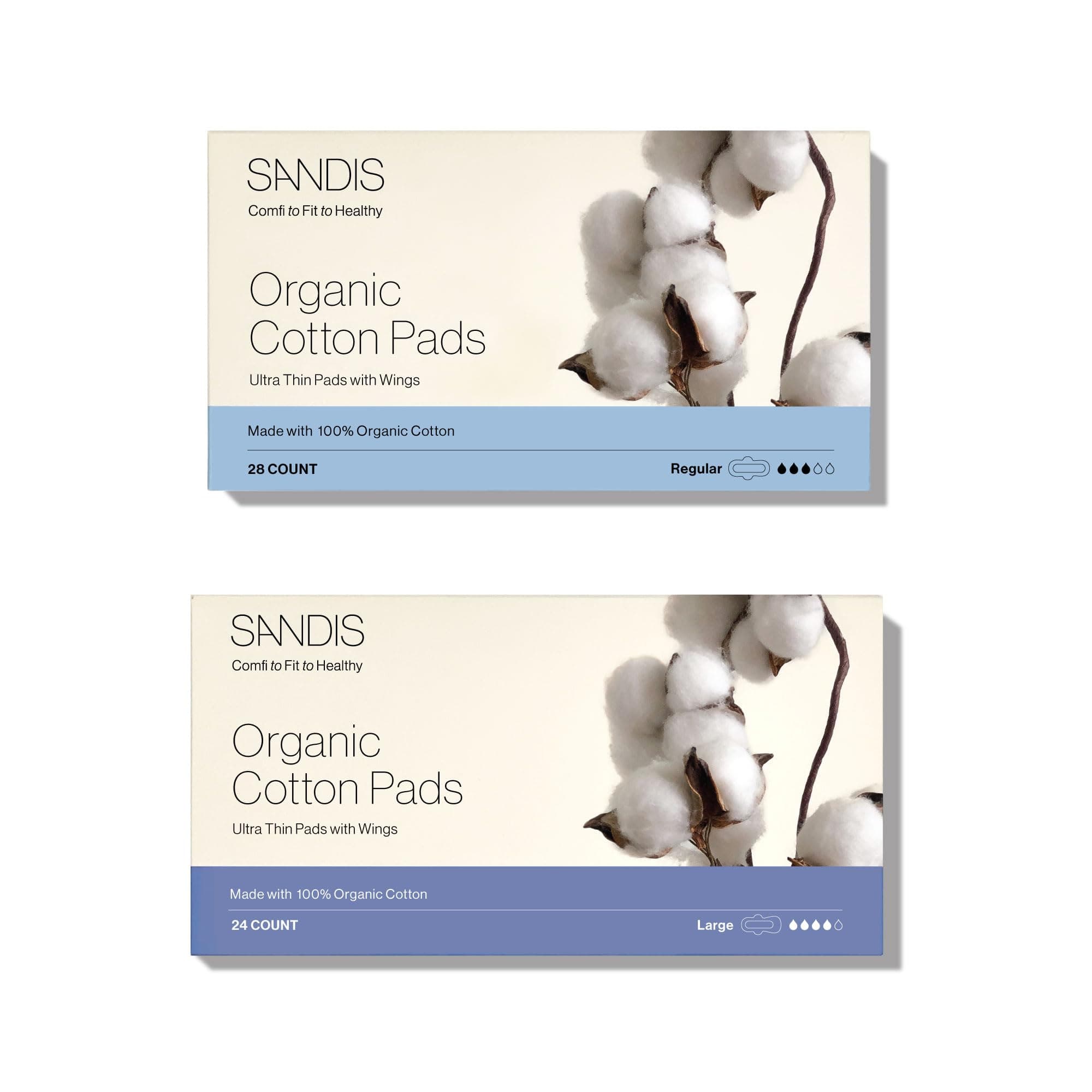 SANDIS Feminine Pad for Women - 100% Organic Cotton Ultra Thin with Wings for Periods Menstrual Pads Sanitary Napkins Leak Protection Super Absorbency Bundle Regular+Large