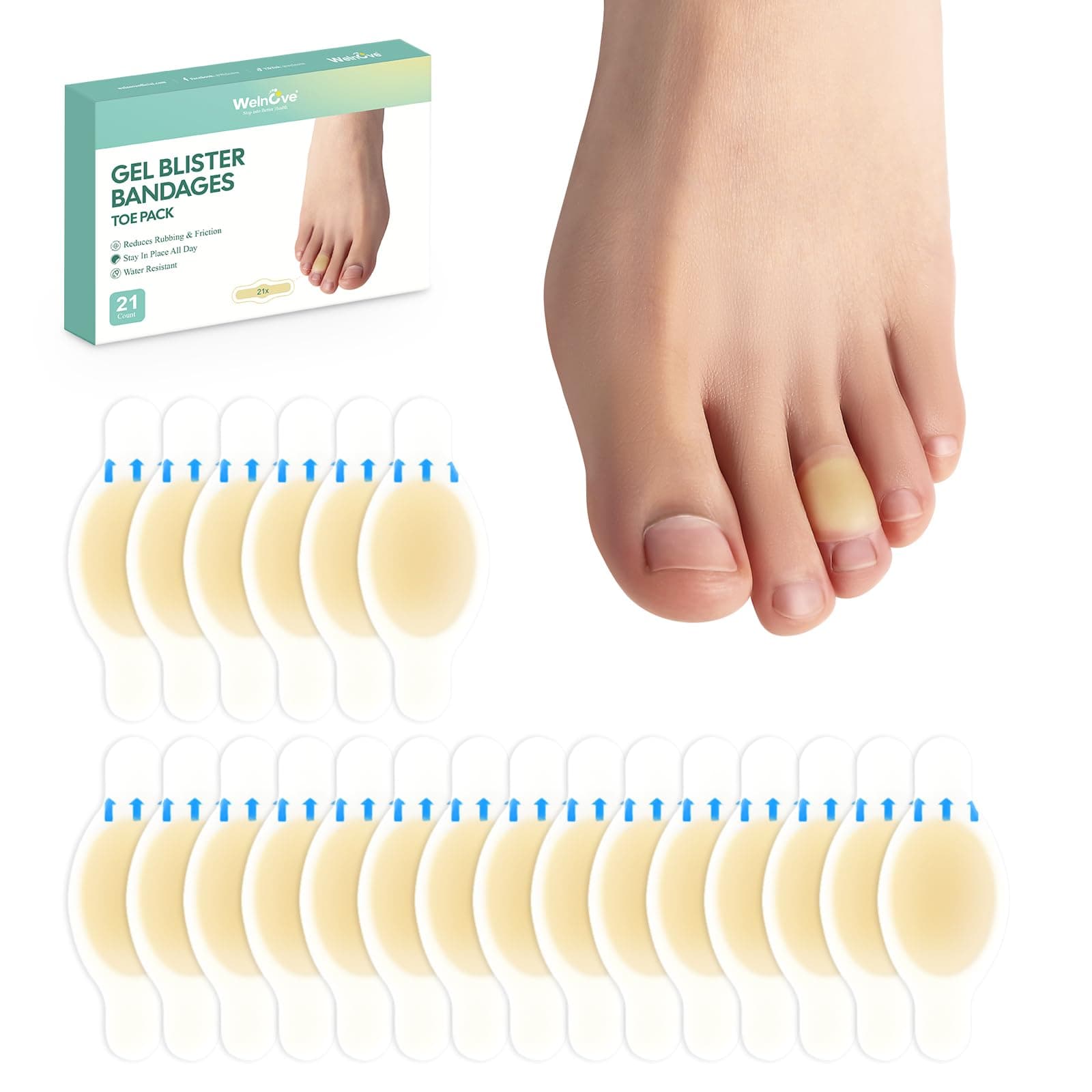 Welnove Gel Blister Bandages for Feet - 21ct Blister Cushion for Heel, Toe - Water-Resistant Bandages - Blister Pads for Prevention (Toe Pack)