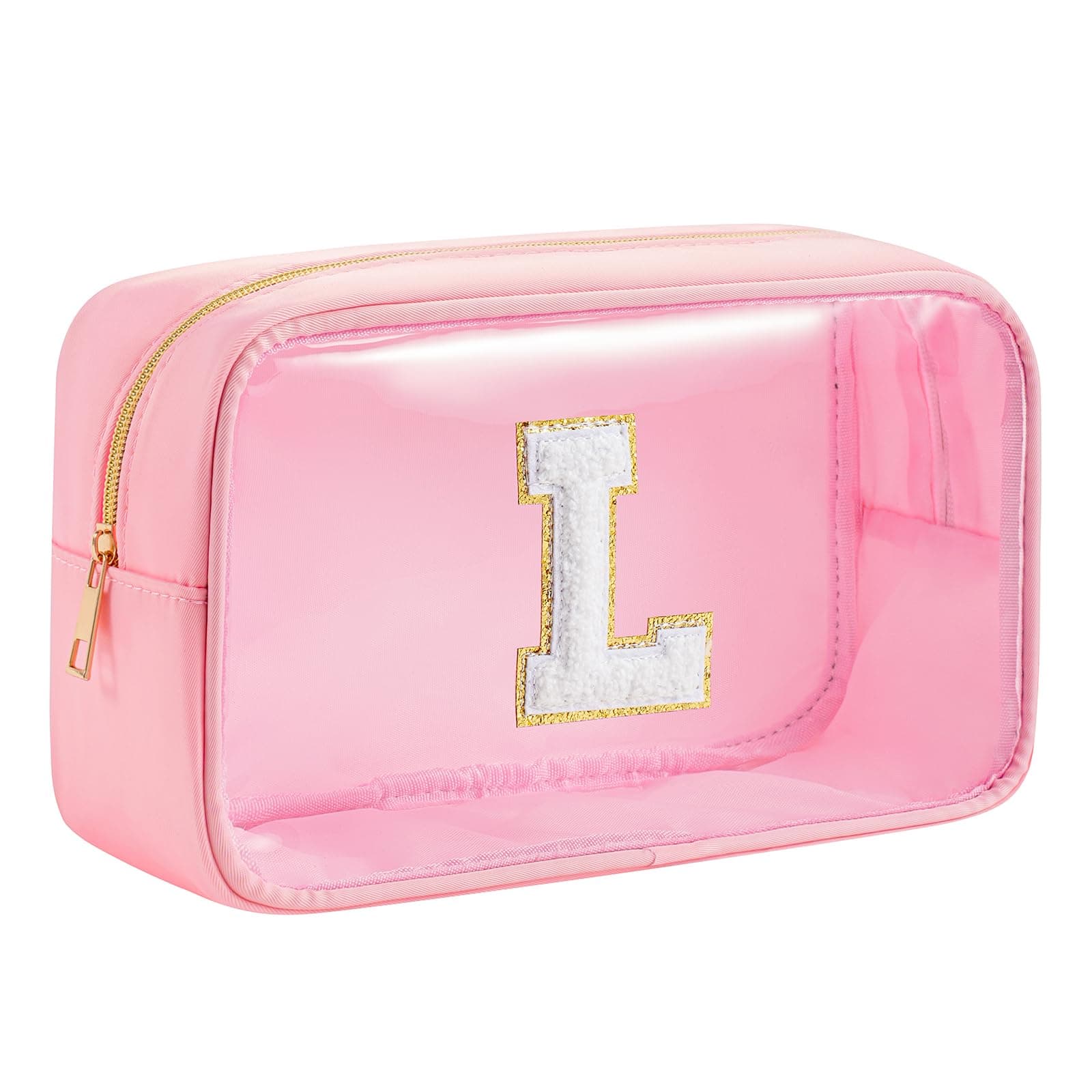 WHHJM Personalized Initial Clear Makeup Bag Cosmetic Bags Travel Toiletry Bag Essentials Emergency Pouch Gifts for Girls Girlfriend Kids Birthday Graduation Teacher, Pink, L