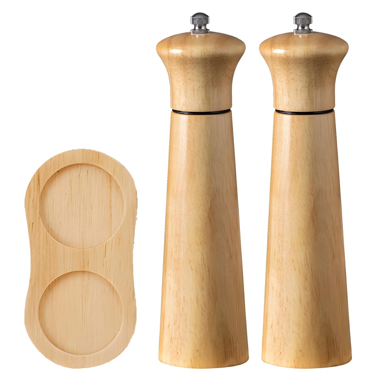 Vestamore 2-Piece Salt And Pepper Grinder Set Manual, Rubberwood Refillable Mill With Ceramic Grinder & Oak Base Tray, Kitchen & Dining