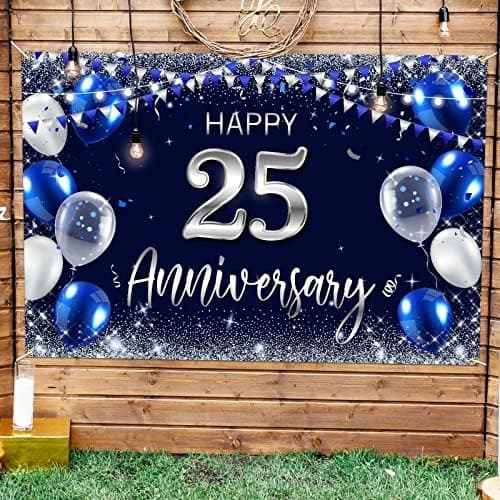 Happy 15th Anniversary Backdrop Banner Decor Navy Blue – Silver Glitter Happy 25 Years Wedding Anniversary Party Theme Decorations for Women Men Supplies (25)
