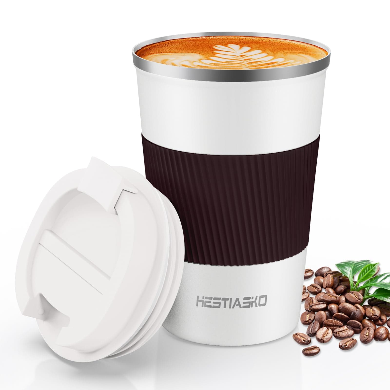 Hestiasko 13 oz Coffee Mug, Double Walled Vacuum Travel Mug, Leakproof Travel Coffee Mug with Lid, 304 Stainless Steel Insulated Coffee Mug for Hot Ice Coffee Cola Milk Tea(White, 380ml