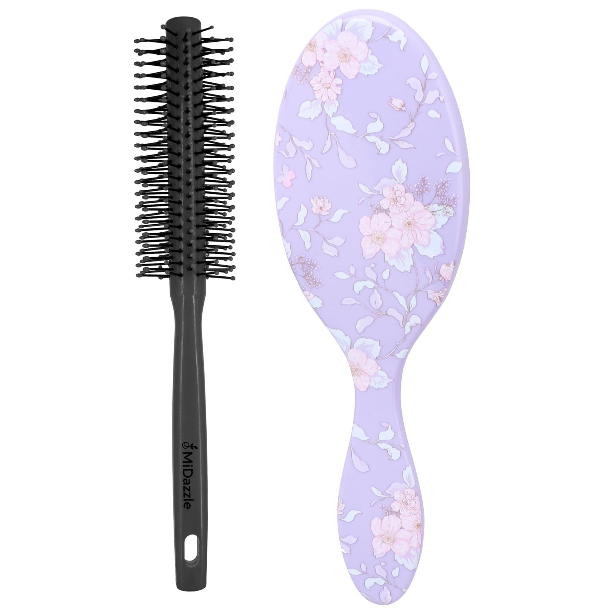 Midazzle Hair Brush Set, Round and Lavender Floral Paddle Brushes, Pack of 2