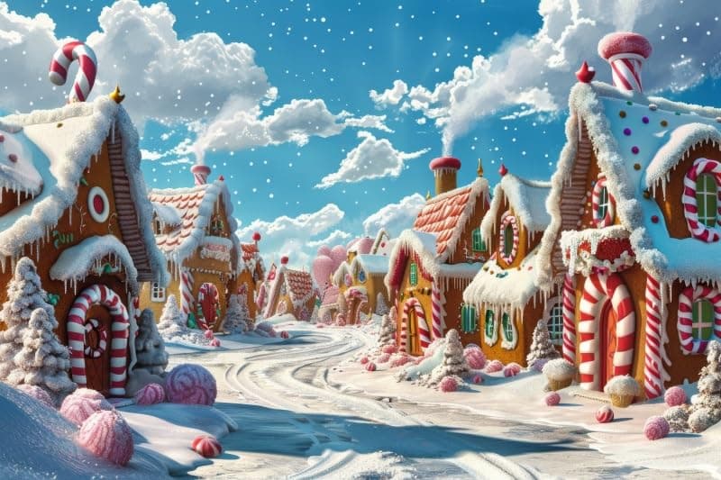 Pnylzzyxh Christmas Candyland Village Cartoon Backdrop Sweet White Clouds Candy Cane Snowhouse Theme Xmas Fairy Tale Town Background Winter Holiday Party Background Baby Shower Studio Props 7x5ft