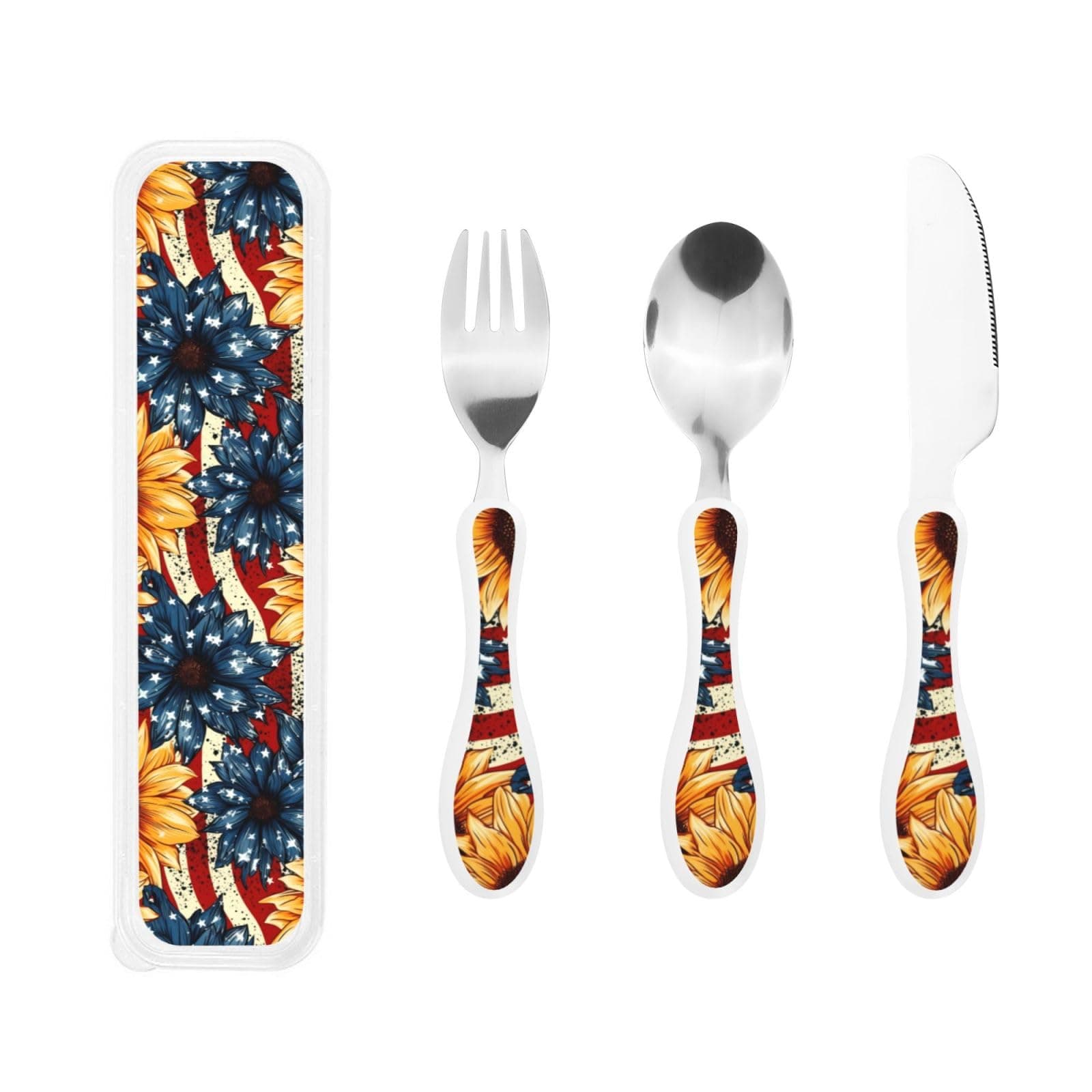 Sunflowers Vintage Us Flag Stainless Steel Flatware-Knife/Fork/Spoon Utensil Set With Storage Case Reusable Travel Cutlery Set For Lunch Picnic Outdoor