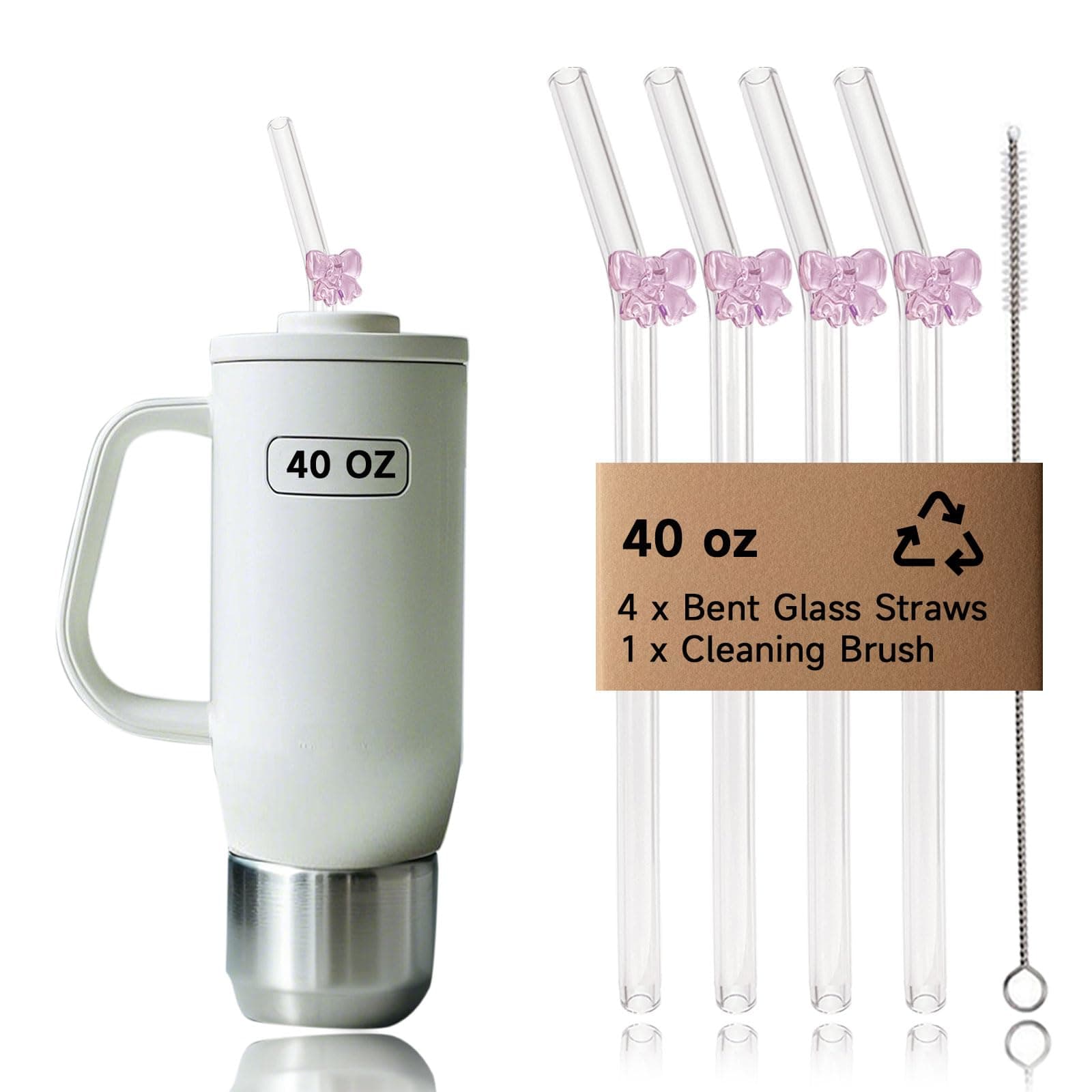 4-Pack 12.2” Reusable 40oz Tumblers Straws, Long Glass Straw with Charms, Pink Bow Replacement Tall Straws/12 in' Cleaning Brush, Coffee,Smoothies, Milkshake, Matcha Lattes, Aesthetic Gift