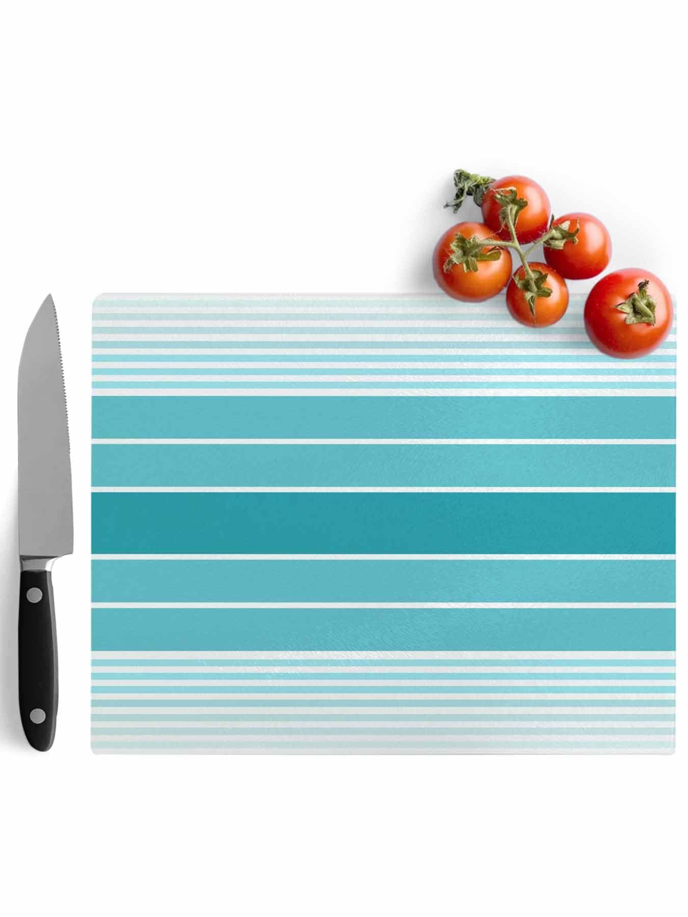 Simple Striped Cutting Board for Kitchen Turquoise Rustic Stripes Dishwasher Safe Tempered Glass Cutting Boards Decorative Chopping Boards with Non Slip Feet for Counter Camping 7.9" x 11"