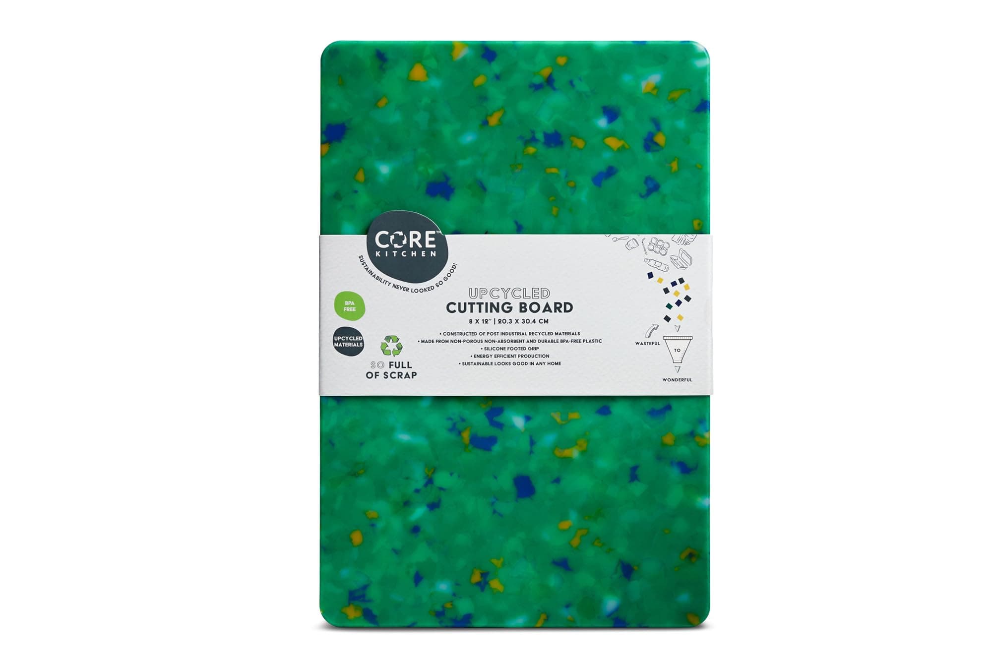 Core Home Upcycled BPA Free 8 x 12 Inch Made of Post Industrial Recycled Plastic Materials Charcuterie Platter Non-Slip Chopping Cutting Board, Green Confetti