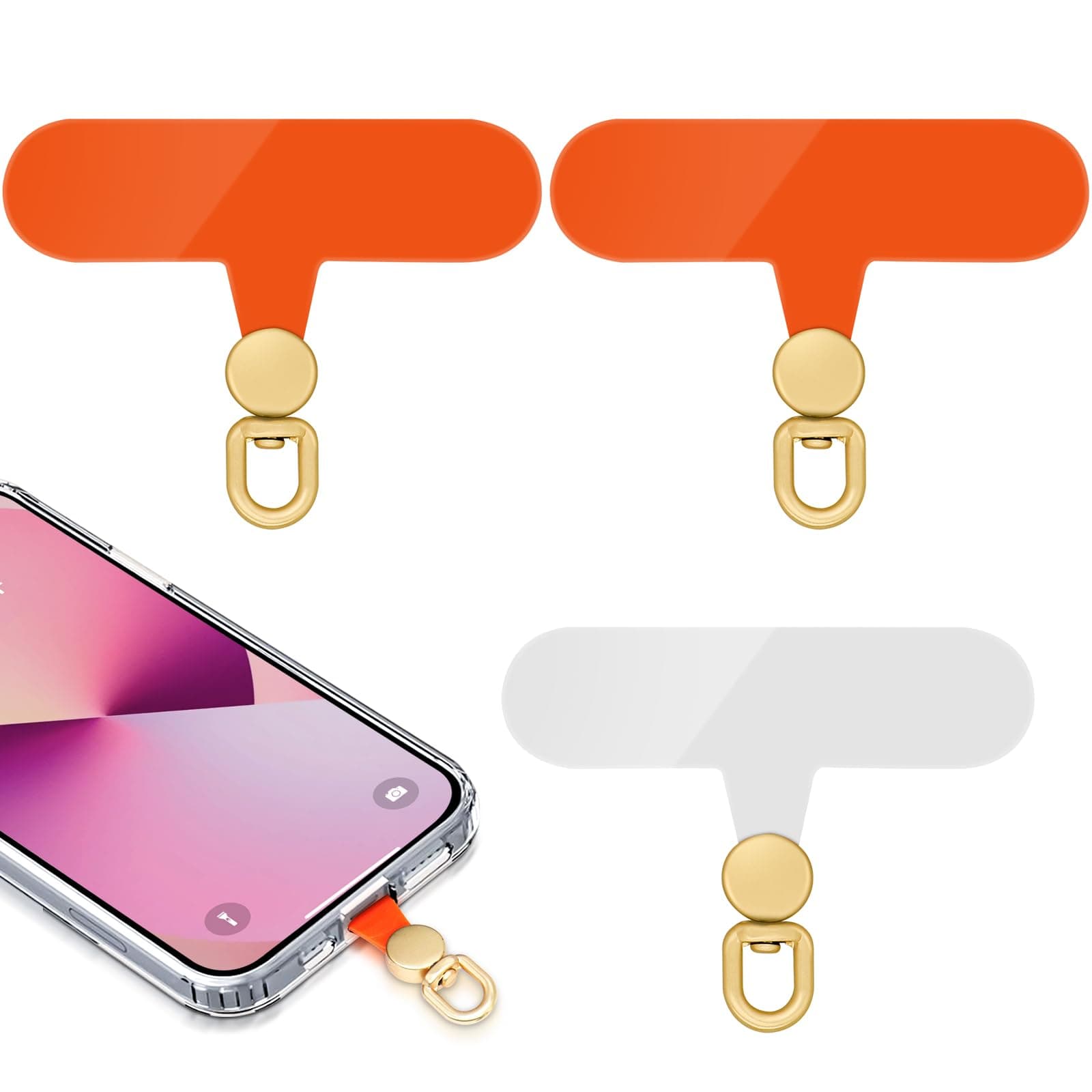 Phone Tether Tab,360-degree Rotation Universal Phone Lanyard Patch Without Adhesive,Phone Lanyard Replacement Part for Cell Phone Strap(Orang+Transparent)
