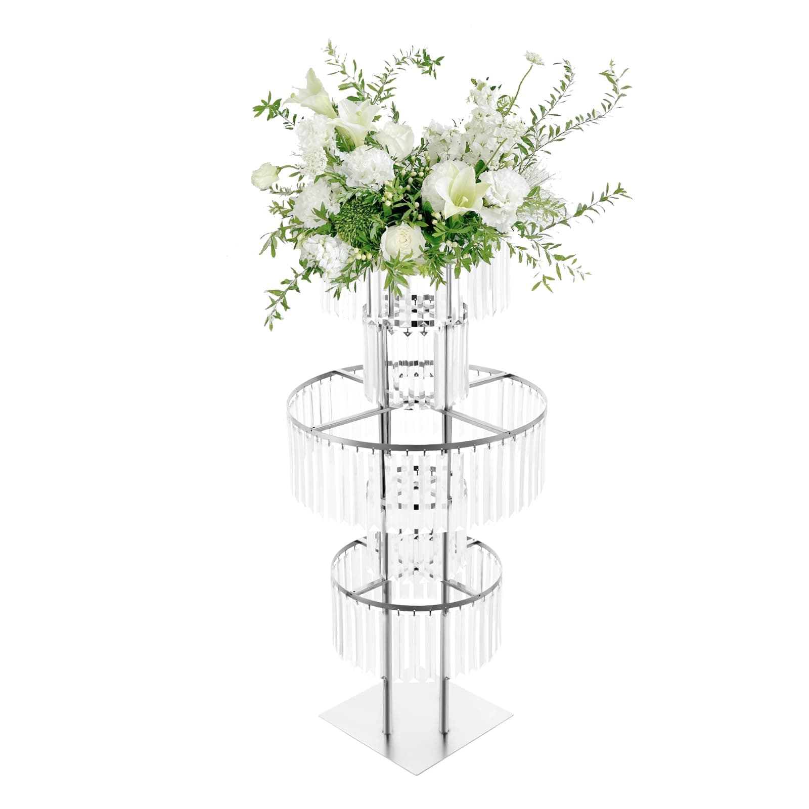 PERFERATE 5 Tier Vases Centerpieces Stands 43.3 in Gold, Sliver Crystal Chandelier Wedding Vase Centerpiece Round Crystal Flower Stand for Reception Tables Wedding Birthday Party (Clear, Silver)