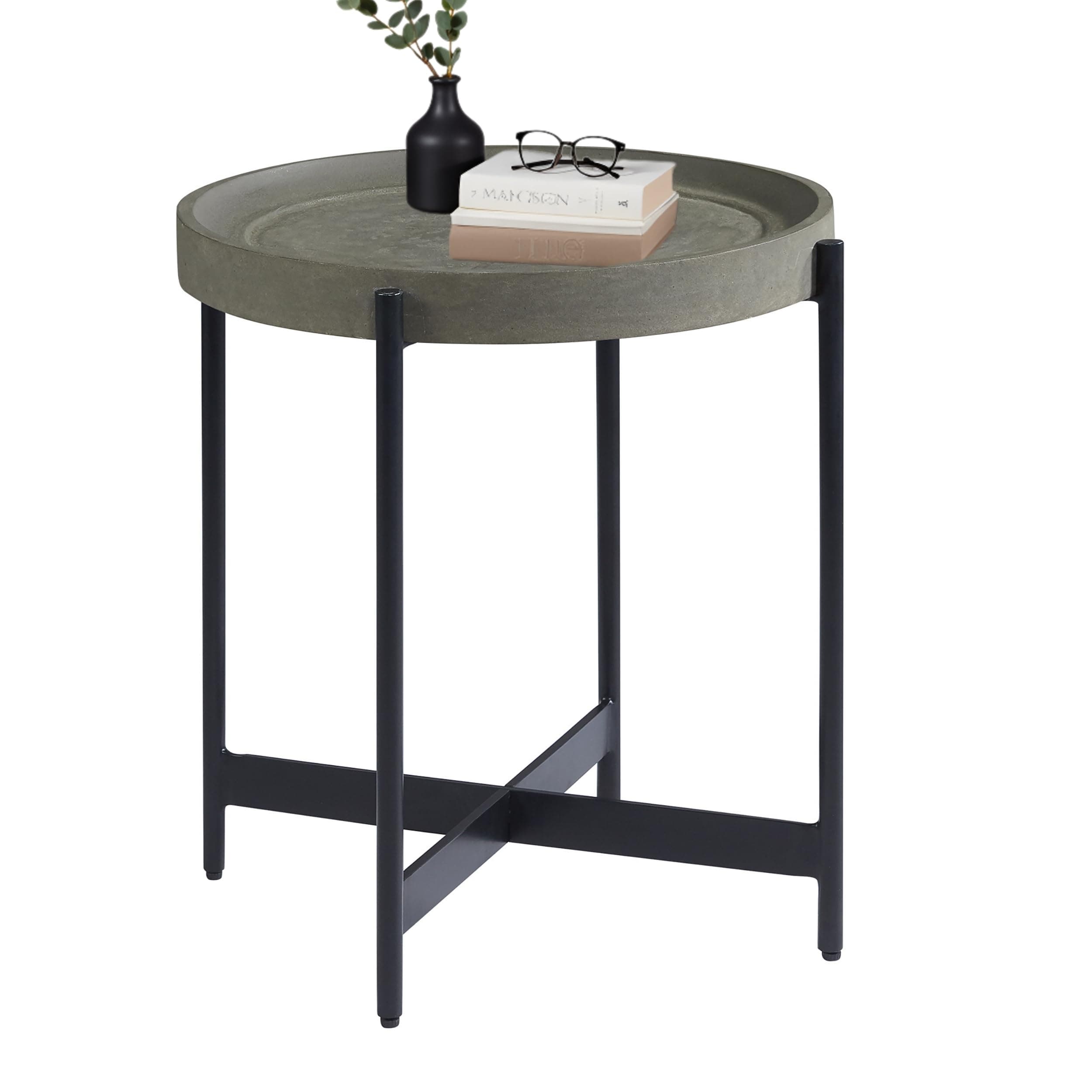 Alaterre Furniture Brookline 20-Inch Round Wood End Table with Concrete Coating and Powder-Coated Iron Legs – Tray Style Top Home Accent for Living Room, Bedroom or Office (Gray)