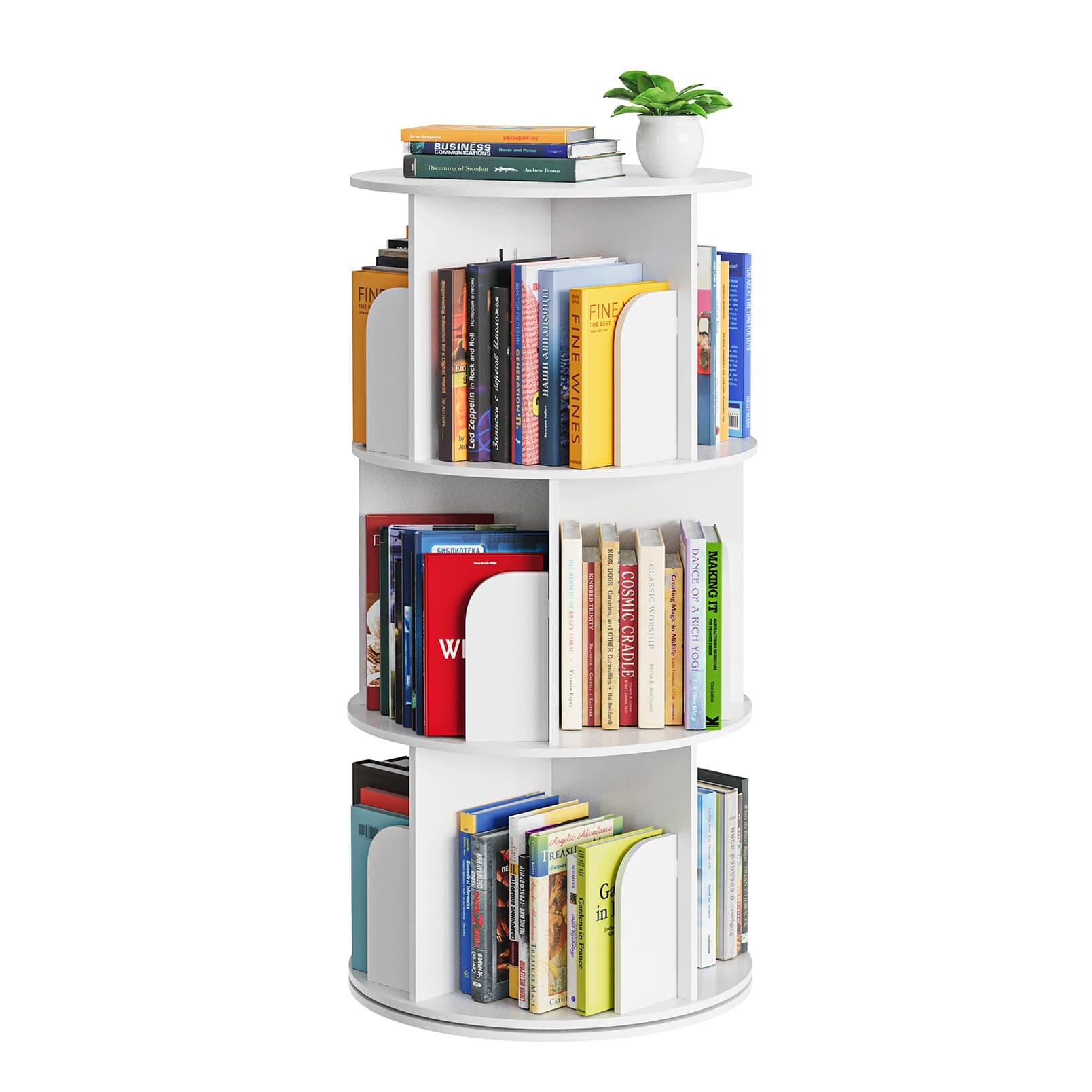 SpaceAid Cross Style 3 Tier Rotating Bookshelf, Spinning 360 Bookcase Lazy Susan Tower, Vertical Revolving Books Shelf Storage Round Carousel Space Saving Organizer, White