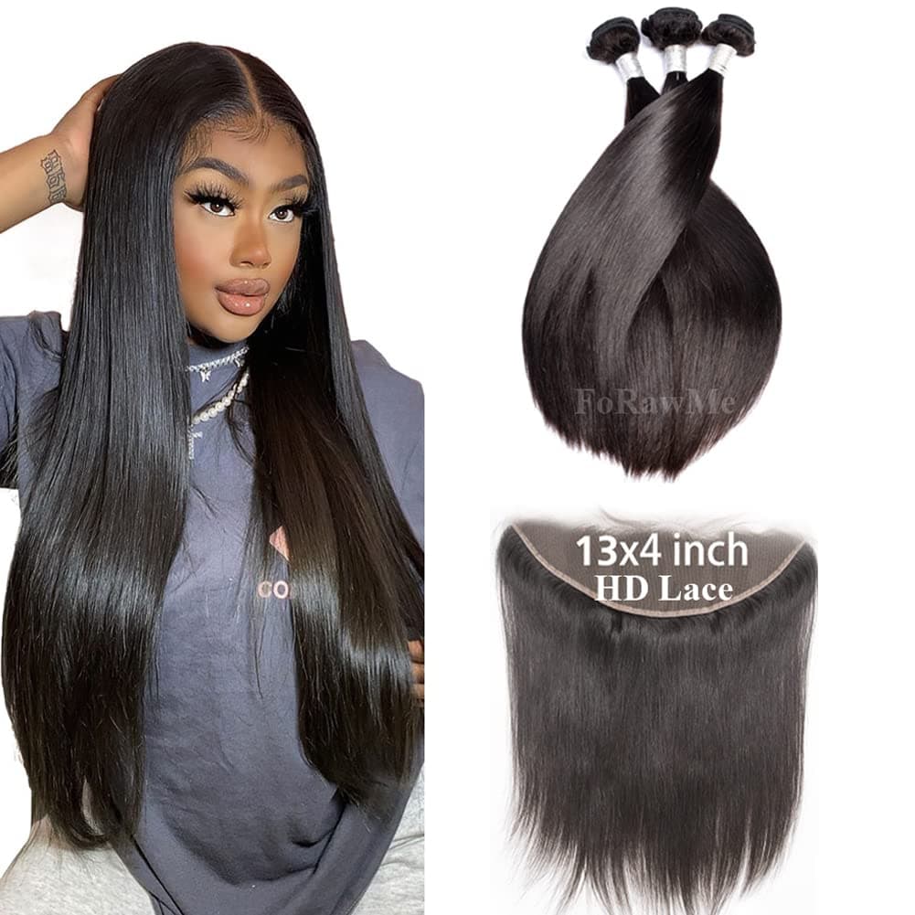 Forawme Brazilian Virgin Hair With 13X4 HD Lace Frontal Closure 4pcs Lot Straight 20 22 24 With 18 Inch Ear To Ear Transparent Invisible Frontal Closure Bundles Hair Extensions Remy Hair Producitons