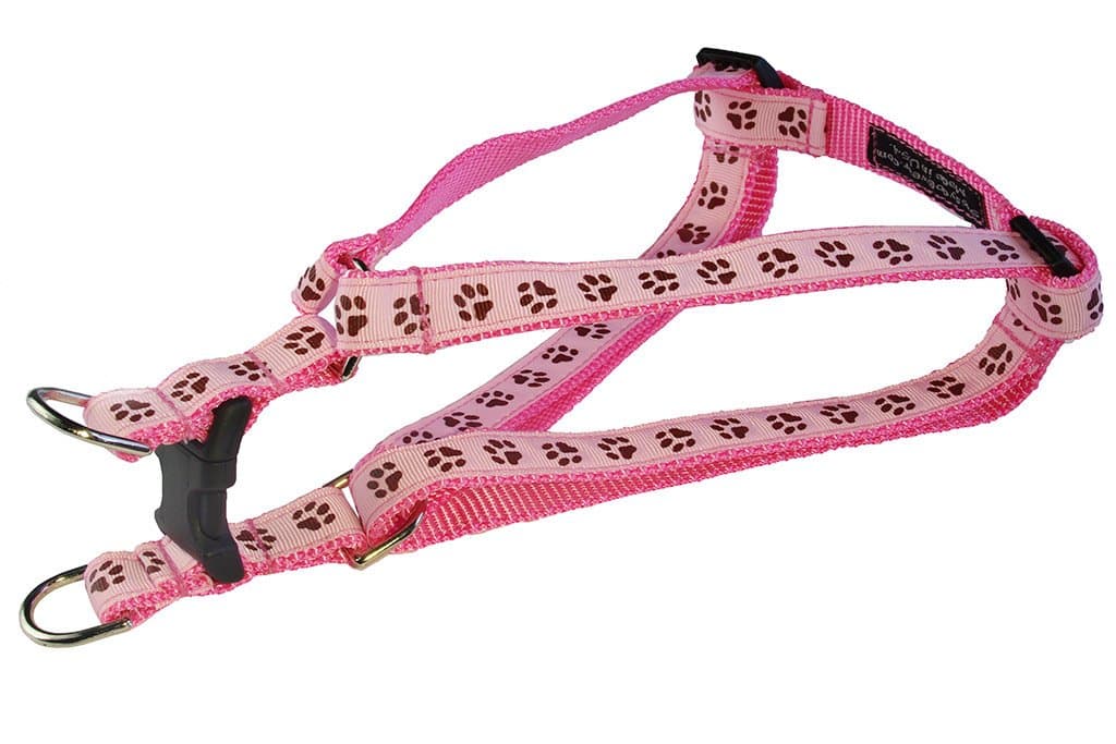 Small Pink/Brown Puppy Paws Dog Harness: 5/8" Wide, Adjusts 15-21" - Made in USA.