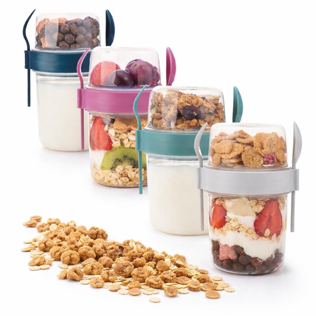 4-Pack Reusable Yogurt Parfait Cups with Lids & Built-In Spoon & Fork – BPA-Free Dual-Compartment Containers for Breakfast, Oatmeal, Granola, Gym, Travel – Leakproof & Dishwasher Safe – (22 oz-650 ml)
