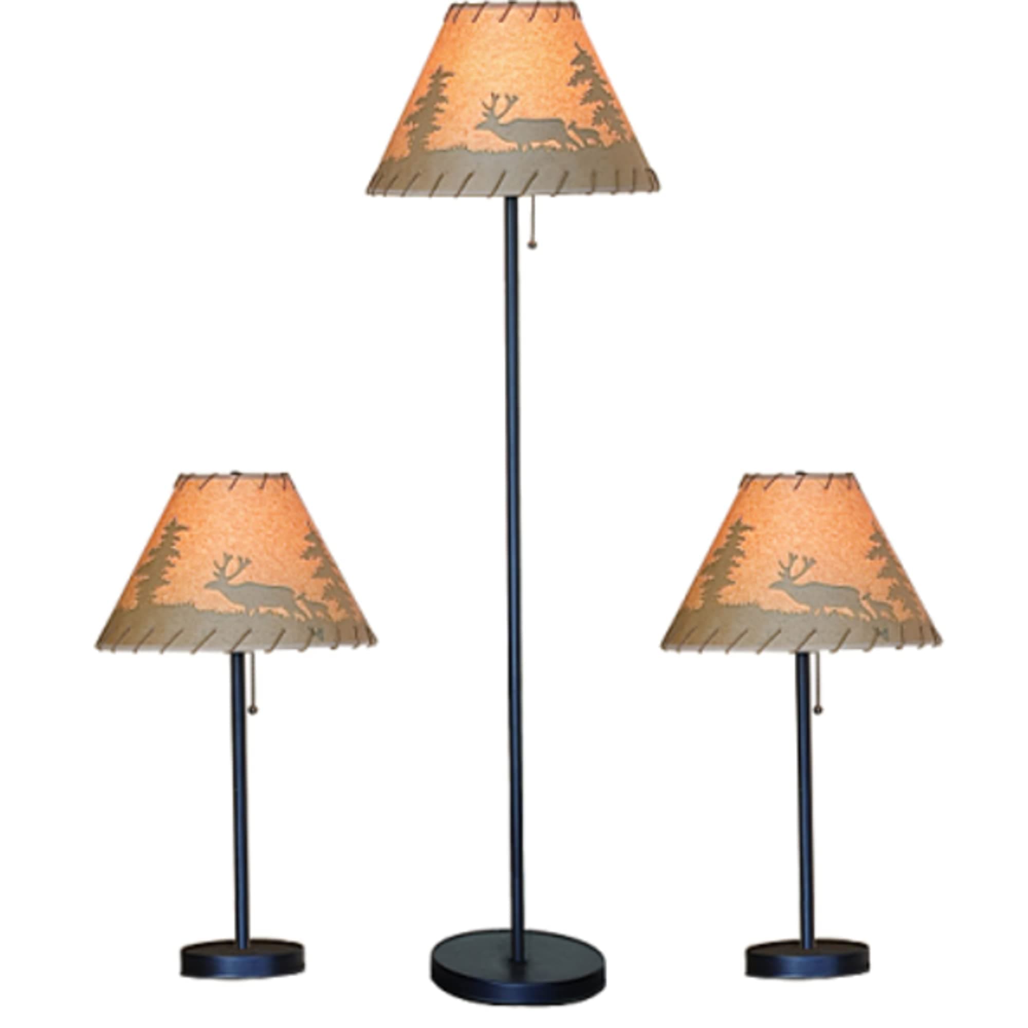 Catalina Lighting Lodge Table and Floor Lamp Set with Printed Pattern on Oil Paper Shade, Rope Stitched Trim and Pull Chain Switch, 19908-000 Brown