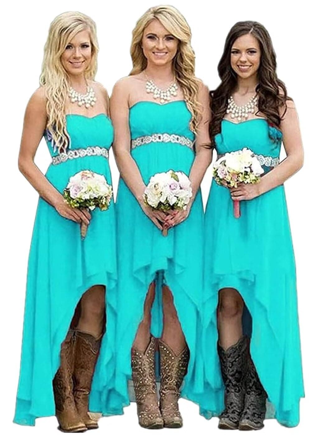 Women's Country Bridesmaid Dresses High Low Rustic Strapless Wedding Party Gowns Chiffon, Turquoise Blue, 26