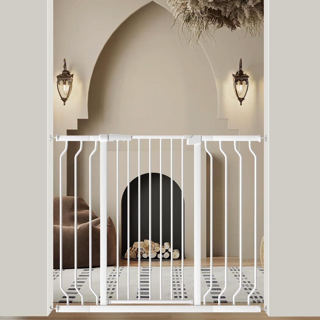 WAOWAO 40.55 inch Tall Dog Pet Baby Gate Ultra-Narrow Spacing with Door Wide for Doorways Hallways Pressure Mounted Walk Through Swing Auto Close Safety Black Metal