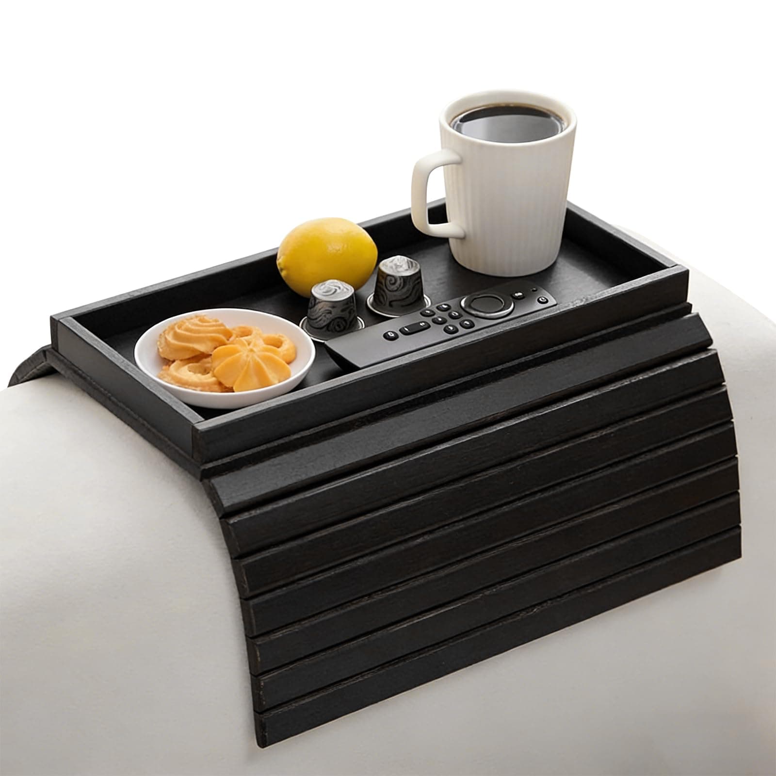KEJJRIUTN Bamboo Sofa Arm Tray Table, Foldable Couch Arm Tray Side Table, Anti-Falling Armrest Tables Cup Holder for Snacks, Couch Armrest Organizer, Serving Tray for Snacks and Drinks (Black.)