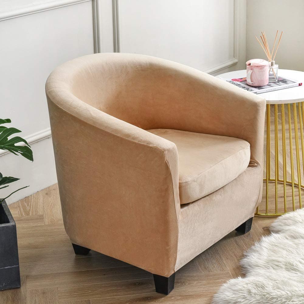 vannawong Plush Velvet Tub Chair Slipcover High Stretch Solid Color Decorative Wear Resistant One Piece Barrel Accent Armchair Sofa Furniture Protector Wrap Camel