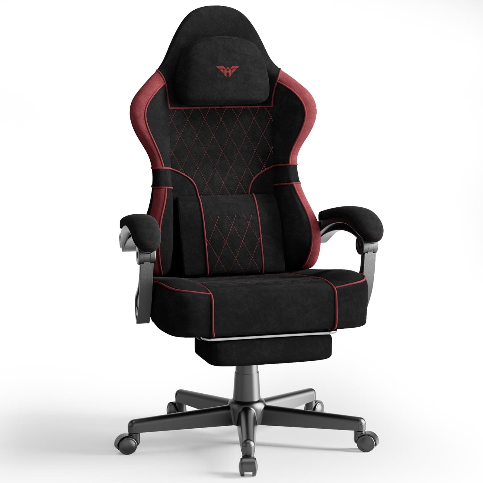 Ferghana Velvet Fabric Ergonomic Gaming Chair with Footrest and Linkage Armrest, High Back Computer Game Chair with Massage Lumbar Support for Adult(Black/Red)
