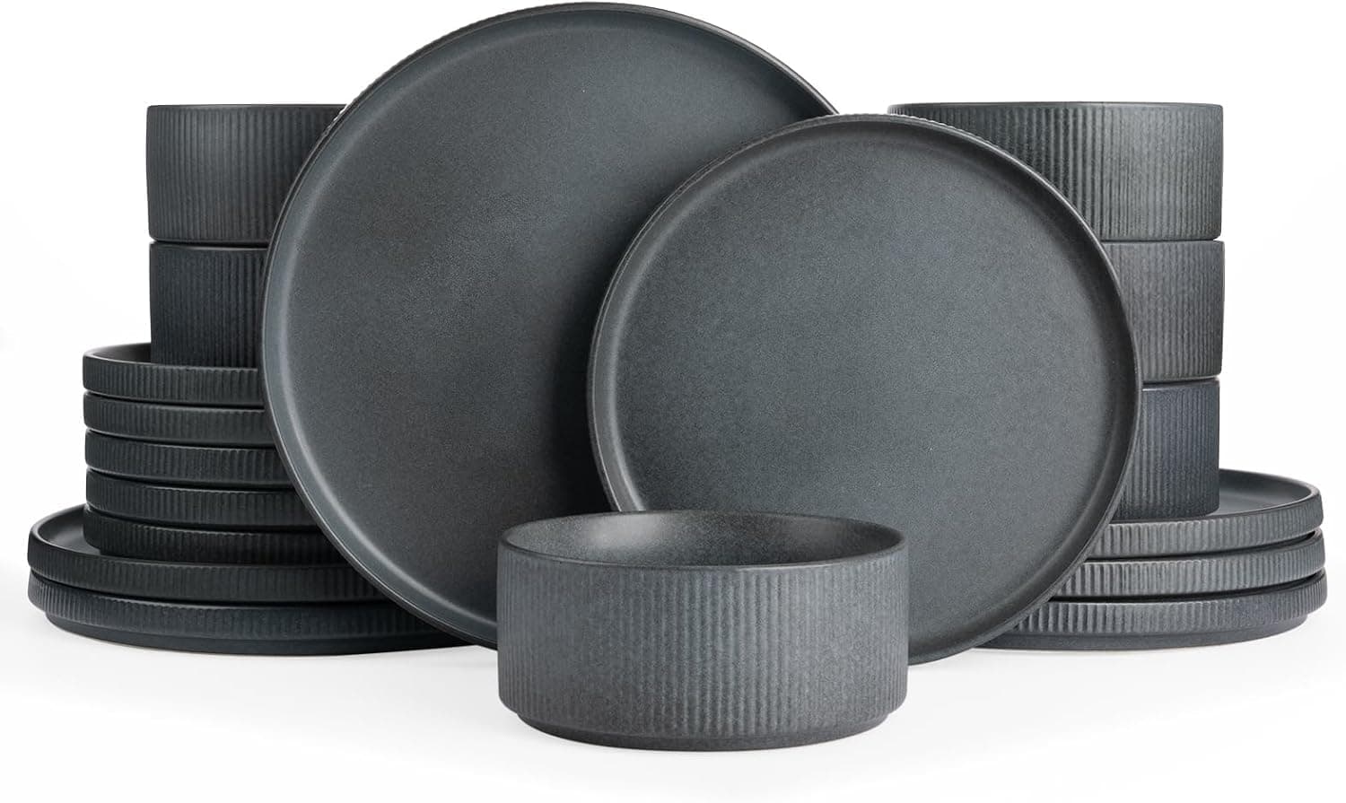Richmount Star 18-Piece Stoneware Dinnerware Set, Matte Dark Charcoal