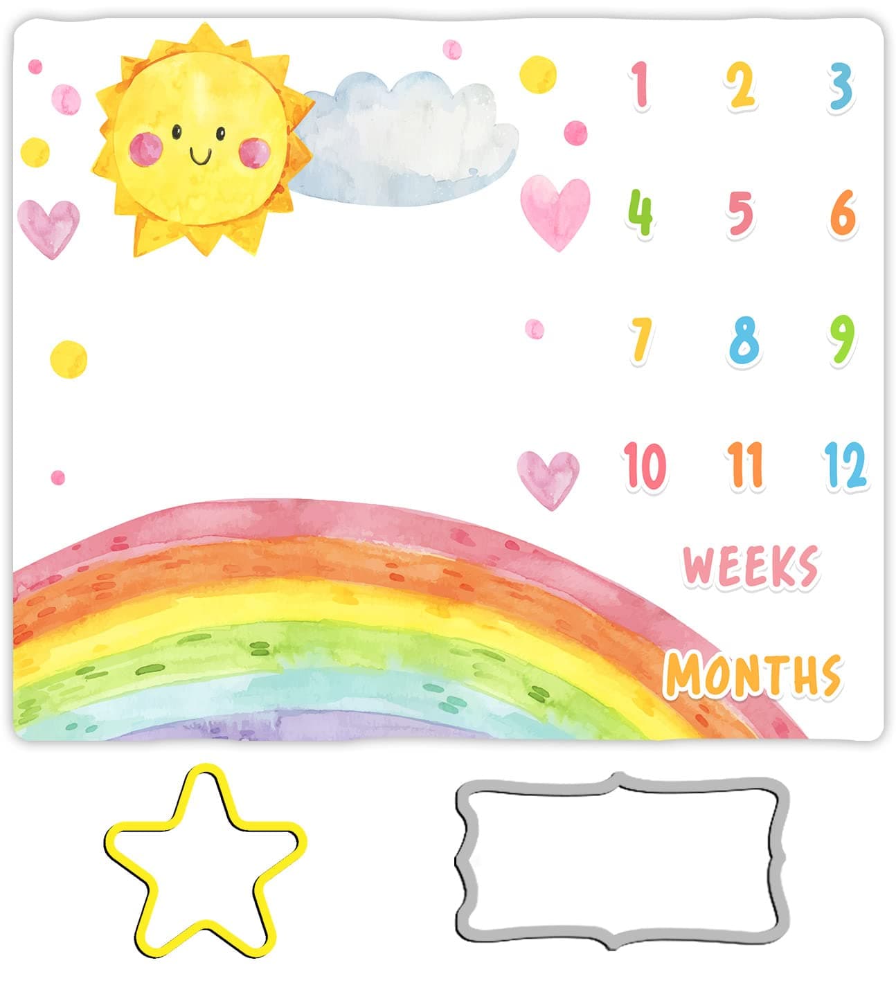 MTMETY Cartoon Rainbow Baby Monthly Milestone Blanket - 48x40in Sun Cloud Heart Shape Colored Dots for Newborn Shower, Growth Chart Photography
