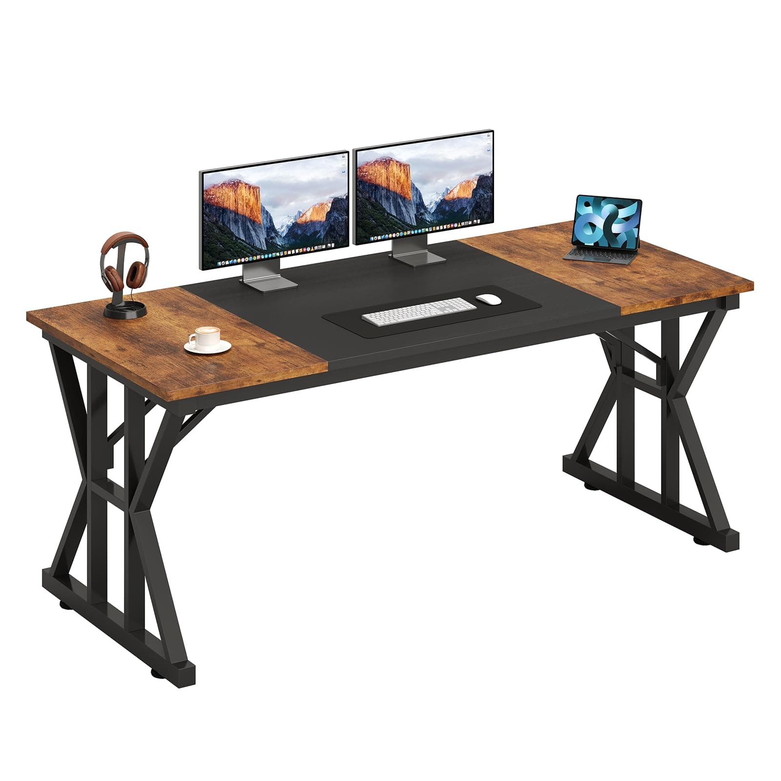 TVU 63-Inch Executive Desk, Large Office Desk with Thicken Frame, Computer Desk Modern Simple Desk for Home Office, Rustic Brown/Black