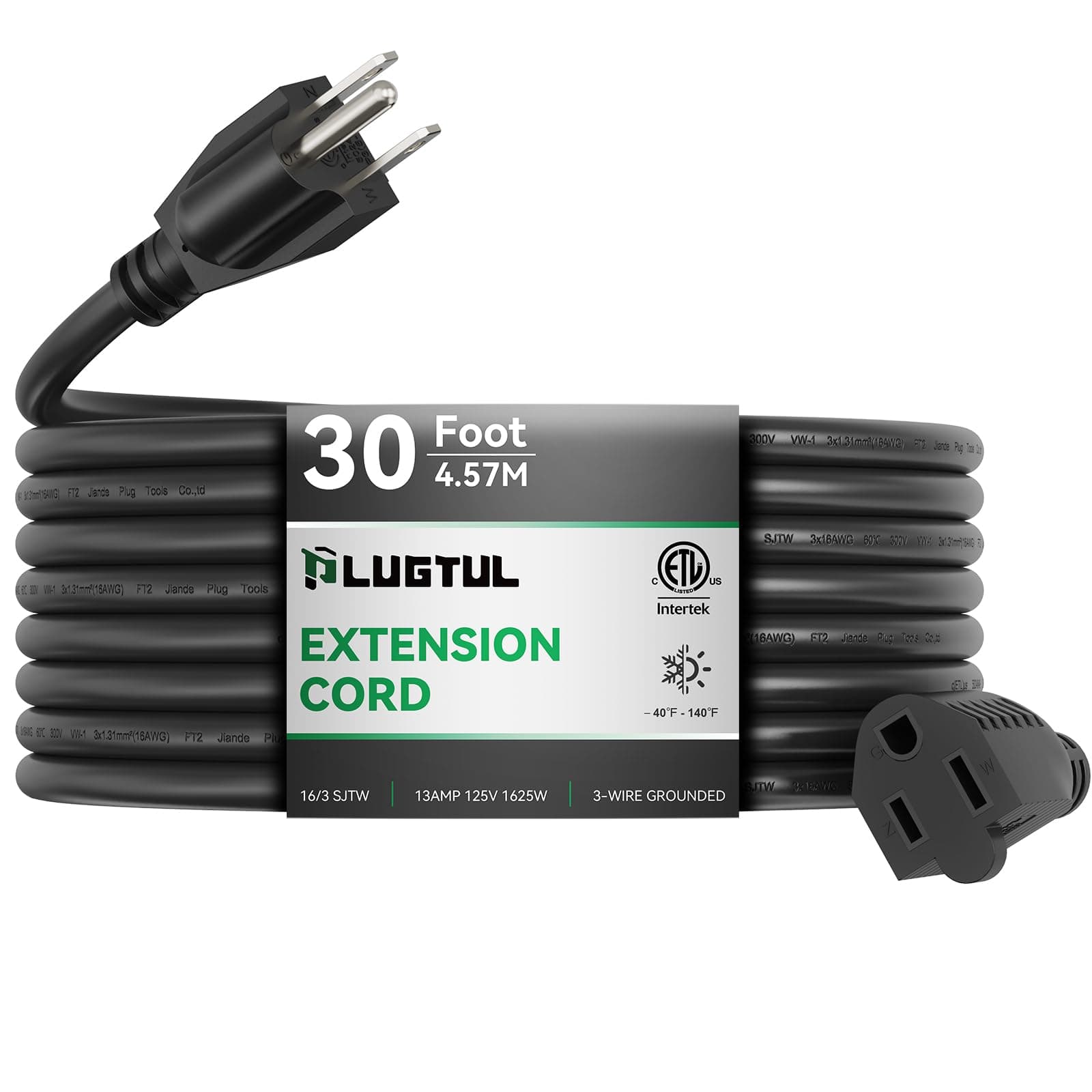 PLUGTUL 16/3 Outdoor Extension Cord 30 FT, Waterproof, Heavy Duty 3 Prong Extension Cord Black, 13A 1625W SJTW, ETL Listed, Great for Garden and Home