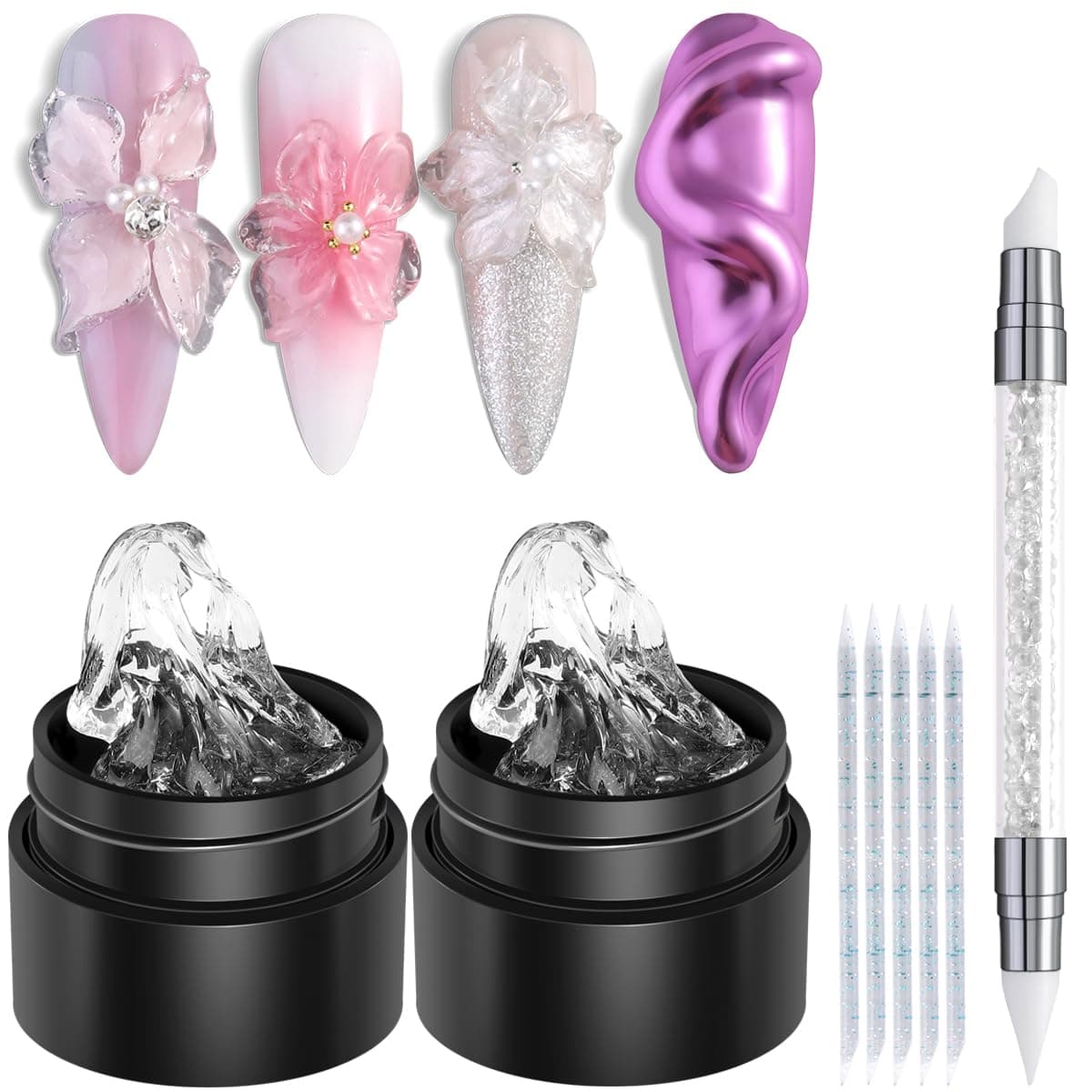 Fcozpjk 2PCS Clear 3D Sculpting Gel Kit - Non-Sticky Hand Carving Gel with Silicone Pen for Nails 3D Flowers Nail Design Manicure