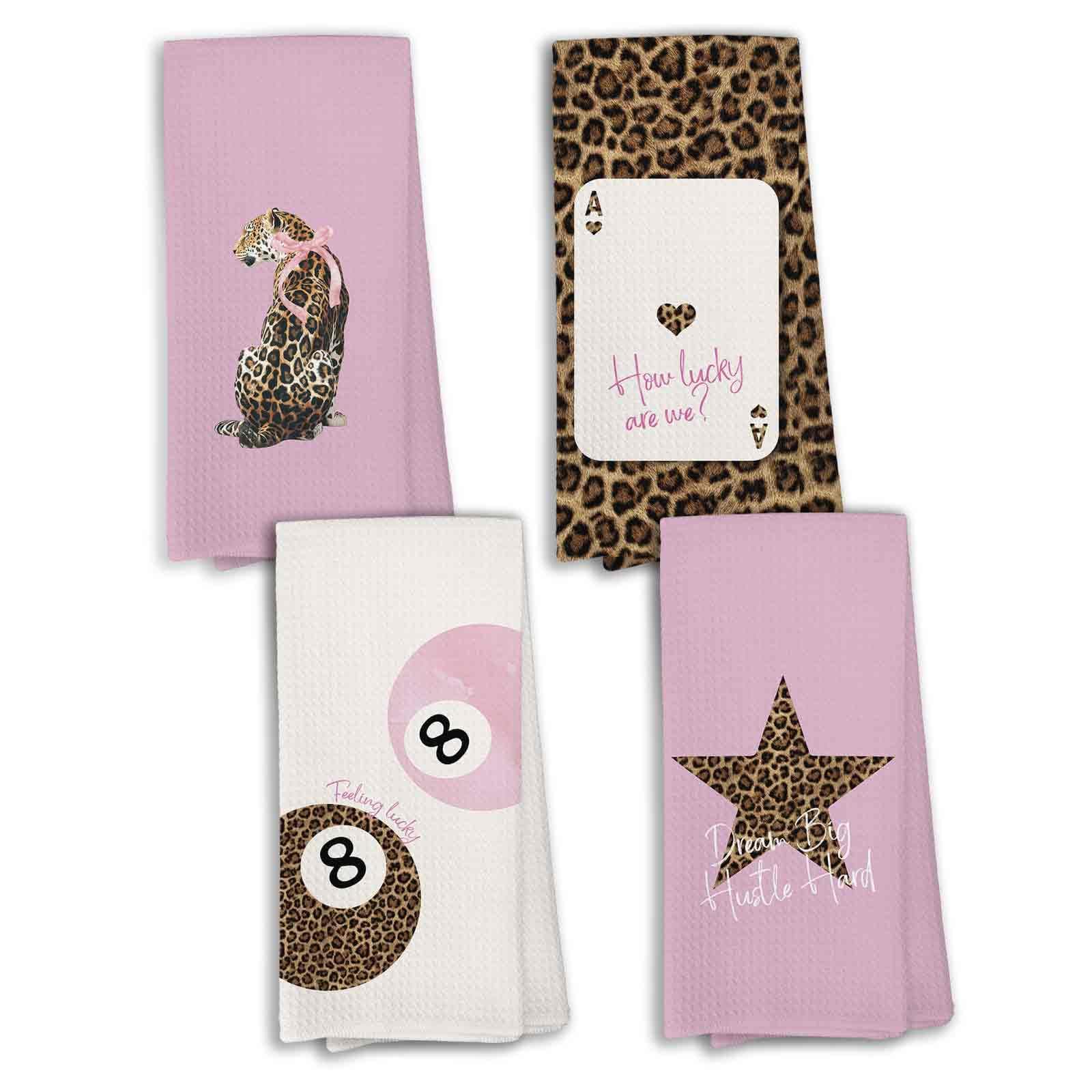 KTYHD Pink Leopard Ktichen Towels Set of 4, Pink Leopard Cheetah Print Bathroom Decor, Preppy Cheetah Poker Lucky 8 Ball Hand Towel for Bathroom